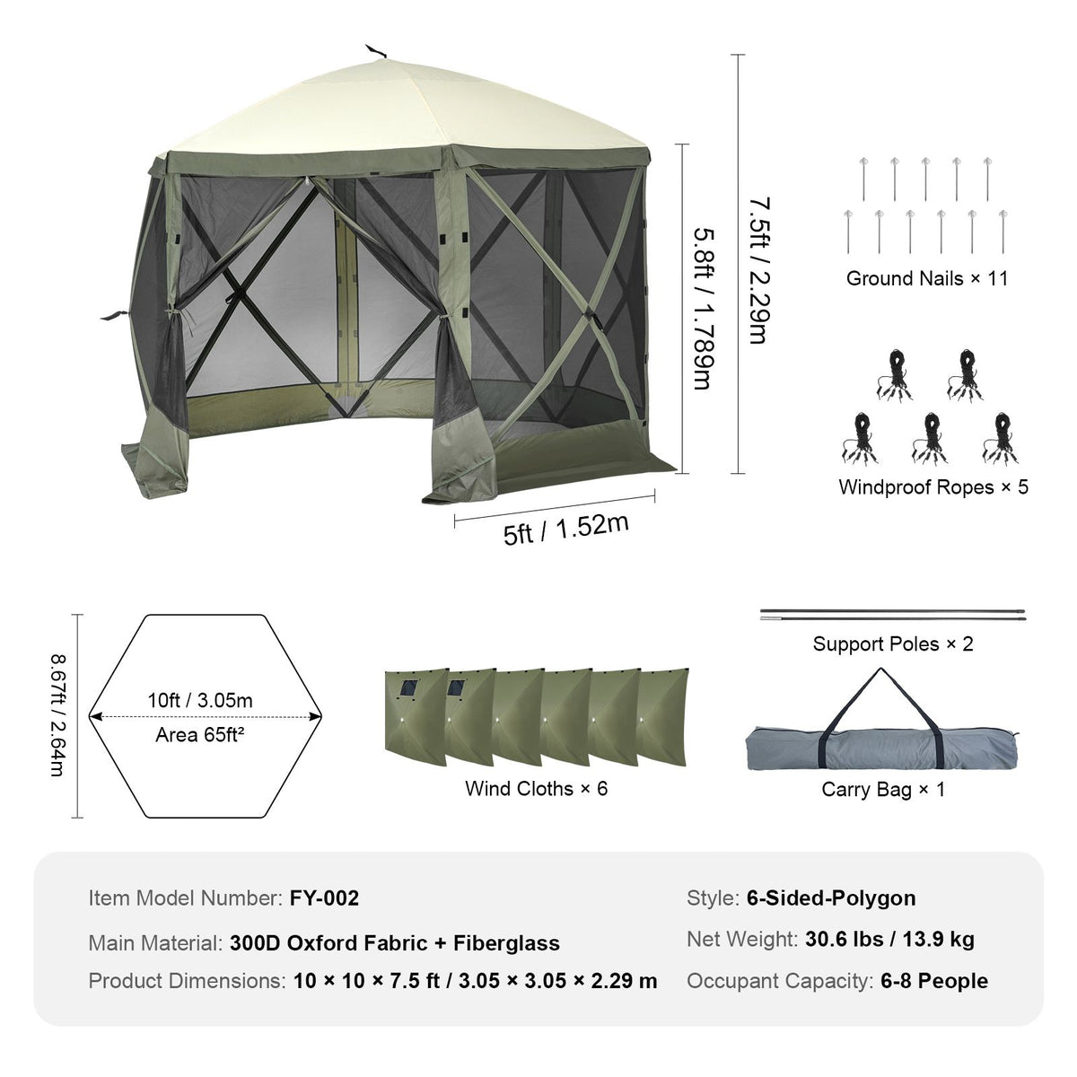 10x10FT Pop Up Screen Tent Gazebo with Mosquito Netting Privacy Cloths