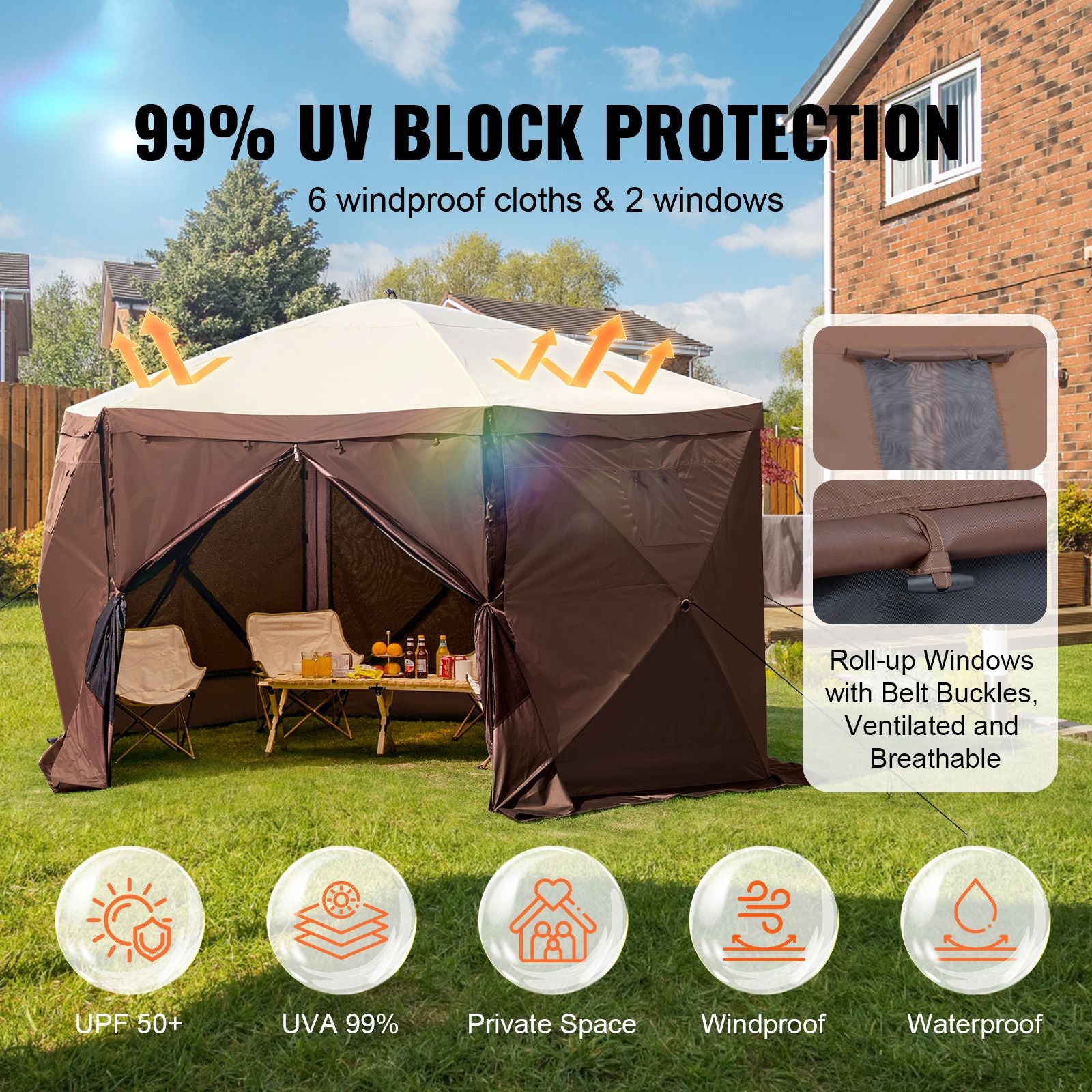 Pop Up Gazebo Tent, Pop-Up Screen Tent 6 Sided Canopy Sun Shelter with 6 Removable Privacy Wind Cloths & Mesh Windows, 11.5x11.5FT Quick Set Screen Tent with Mosquito Netting, Brown