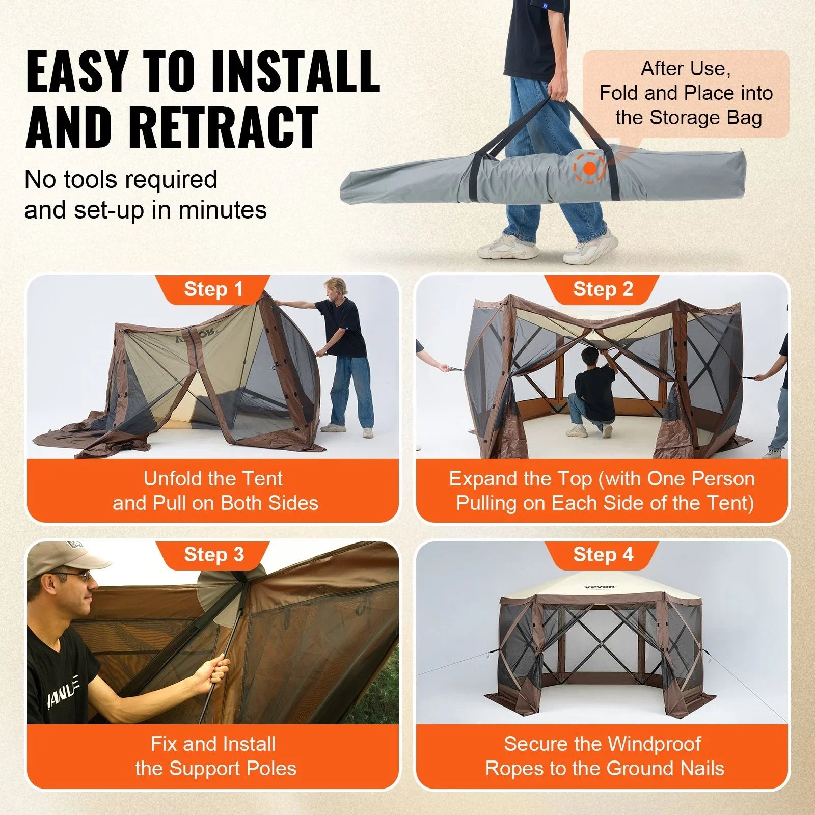 Pop Up Gazebo Tent, Pop-Up Screen Tent 6 Sided Canopy Sun Shelter with 6 Removable Privacy Wind Cloths & Mesh Windows, 11.5x11.5FT Quick Set Screen Tent with Mosquito Netting, Brown
