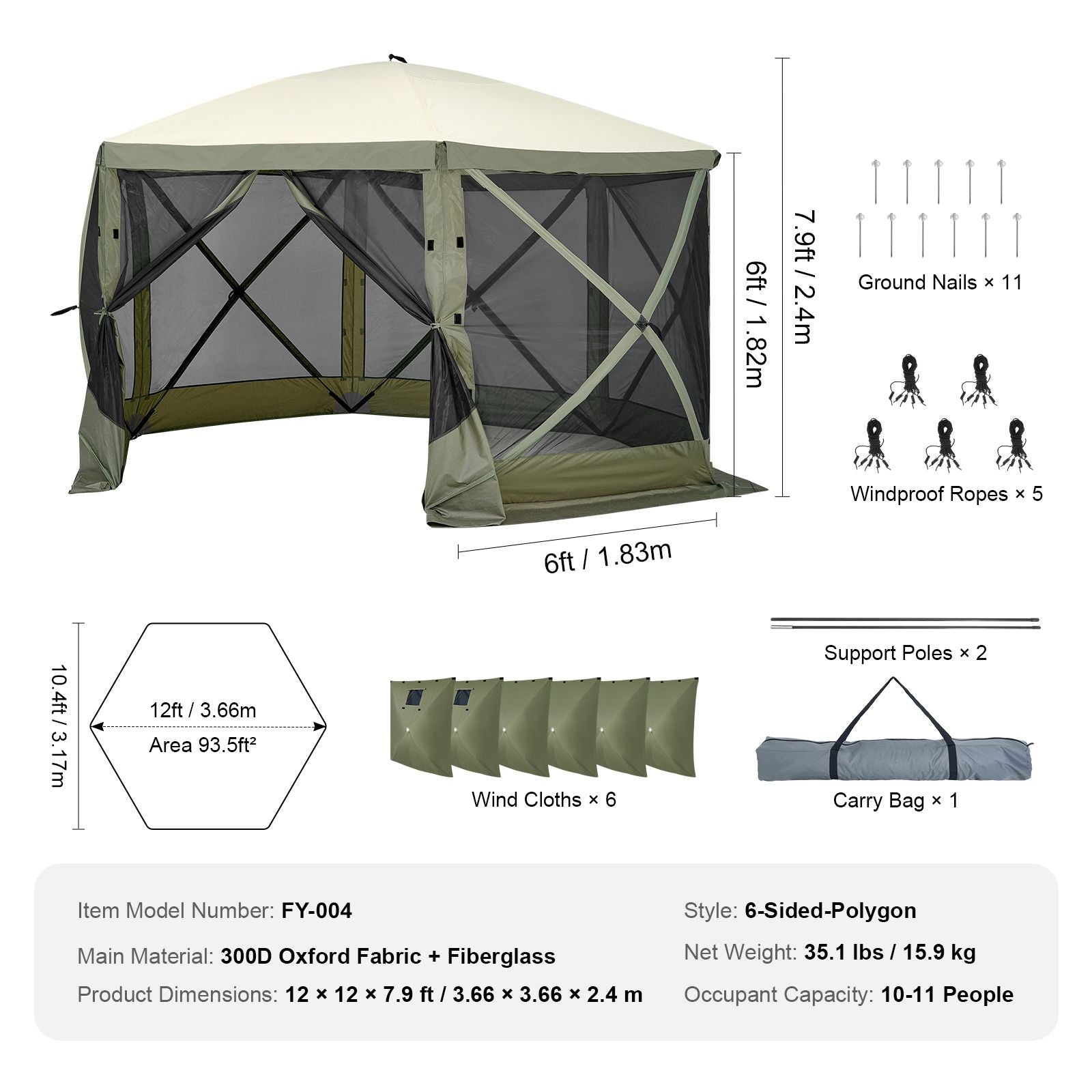Pop Up Gazebo Tent, Pop-Up Screen Tent 6 Sided Canopy Sun Shelter with 6 Removable Privacy Wind Cloths & Mesh Windows, 12x12FT Quick Set Screen Tent with Mosquito Netting, Army Green