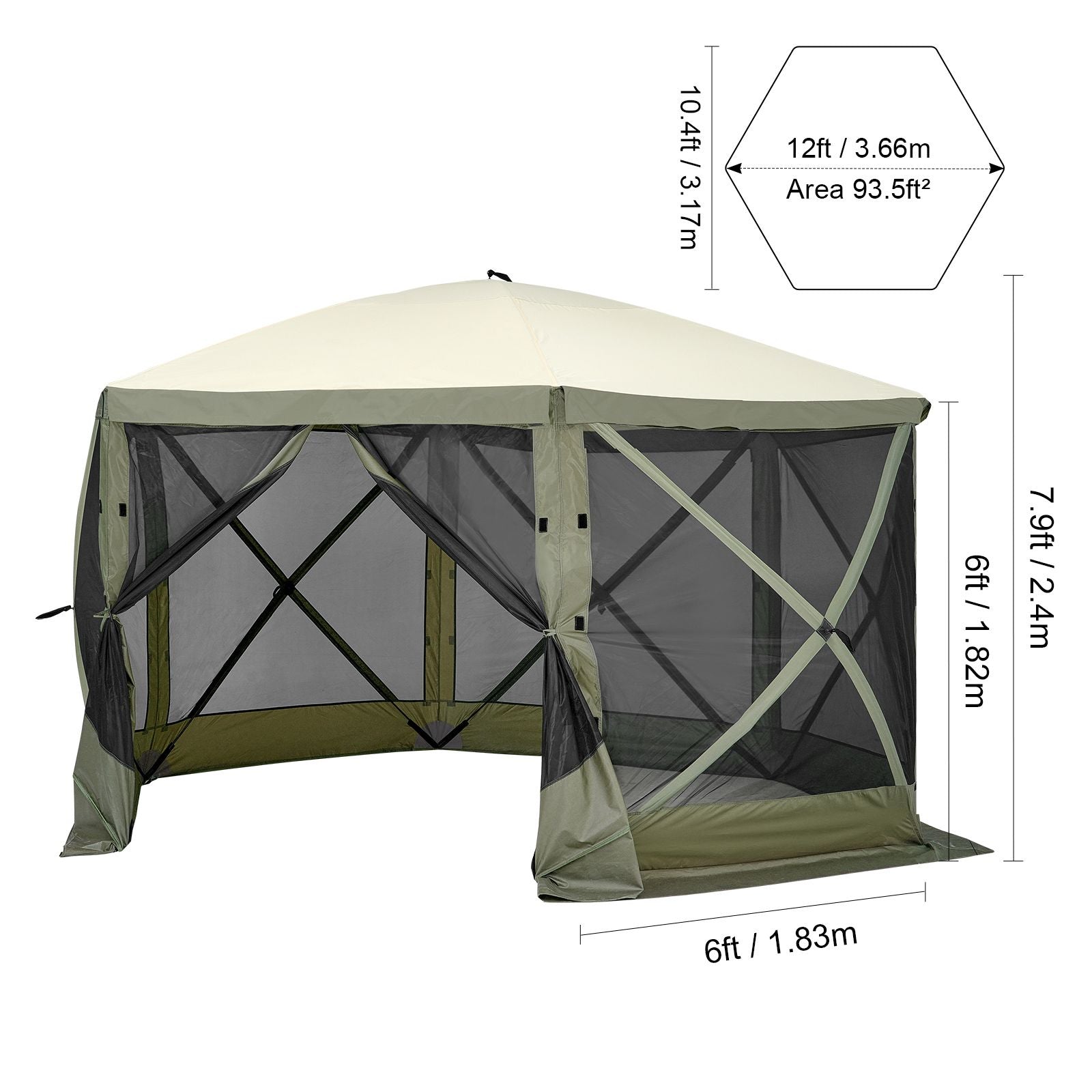 Pop Up Gazebo Tent, Pop-Up Screen Tent 6 Sided Canopy Sun Shelter with 6 Removable Privacy Wind Cloths & Mesh Windows, 12x12FT Quick Set Screen Tent with Mosquito Netting, Army Green