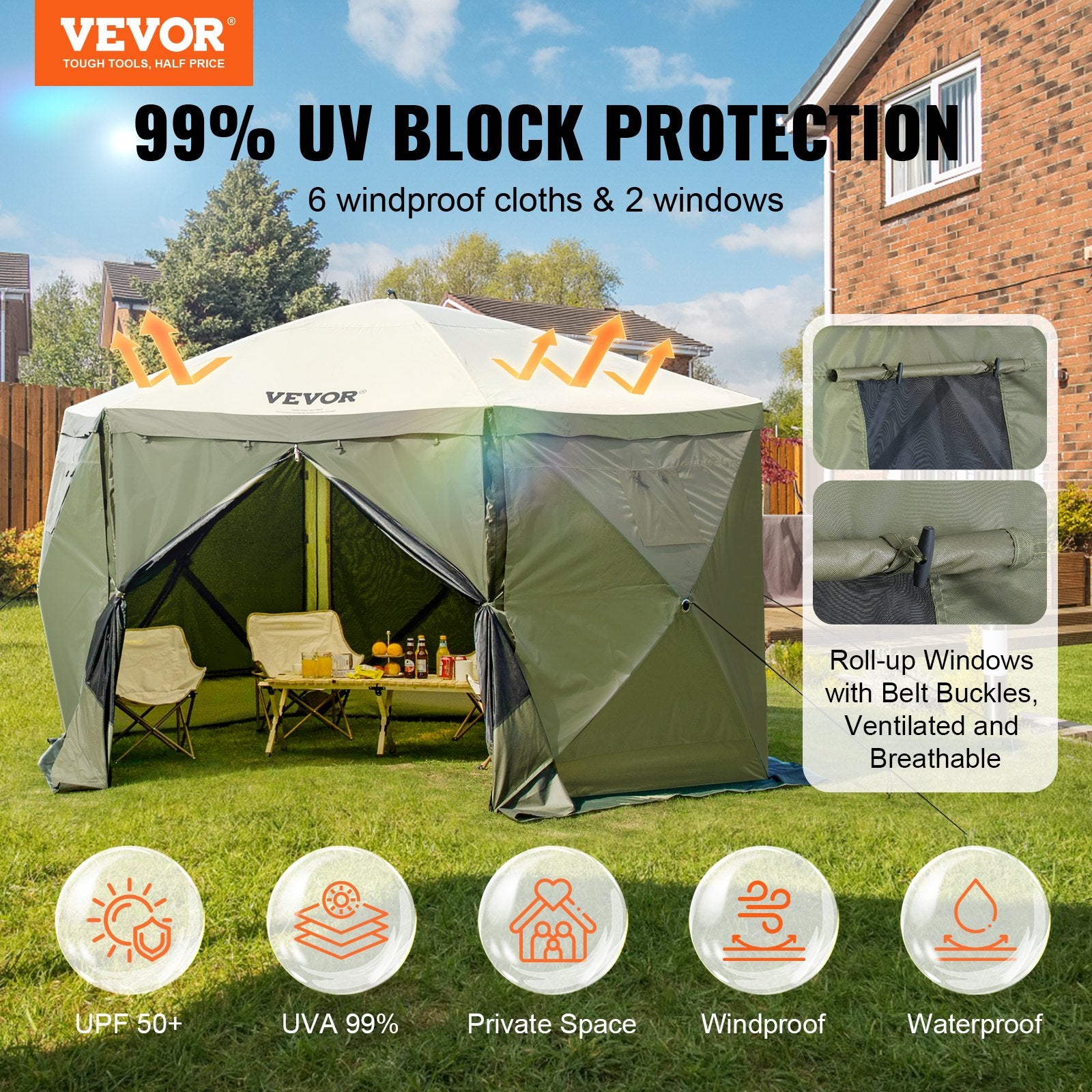 Pop Up Gazebo Tent, Pop-Up Screen Tent 6 Sided Canopy Sun Shelter with 6 Removable Privacy Wind Cloths & Mesh Windows, 12x12FT Quick Set Screen Tent with Mosquito Netting, Army Green