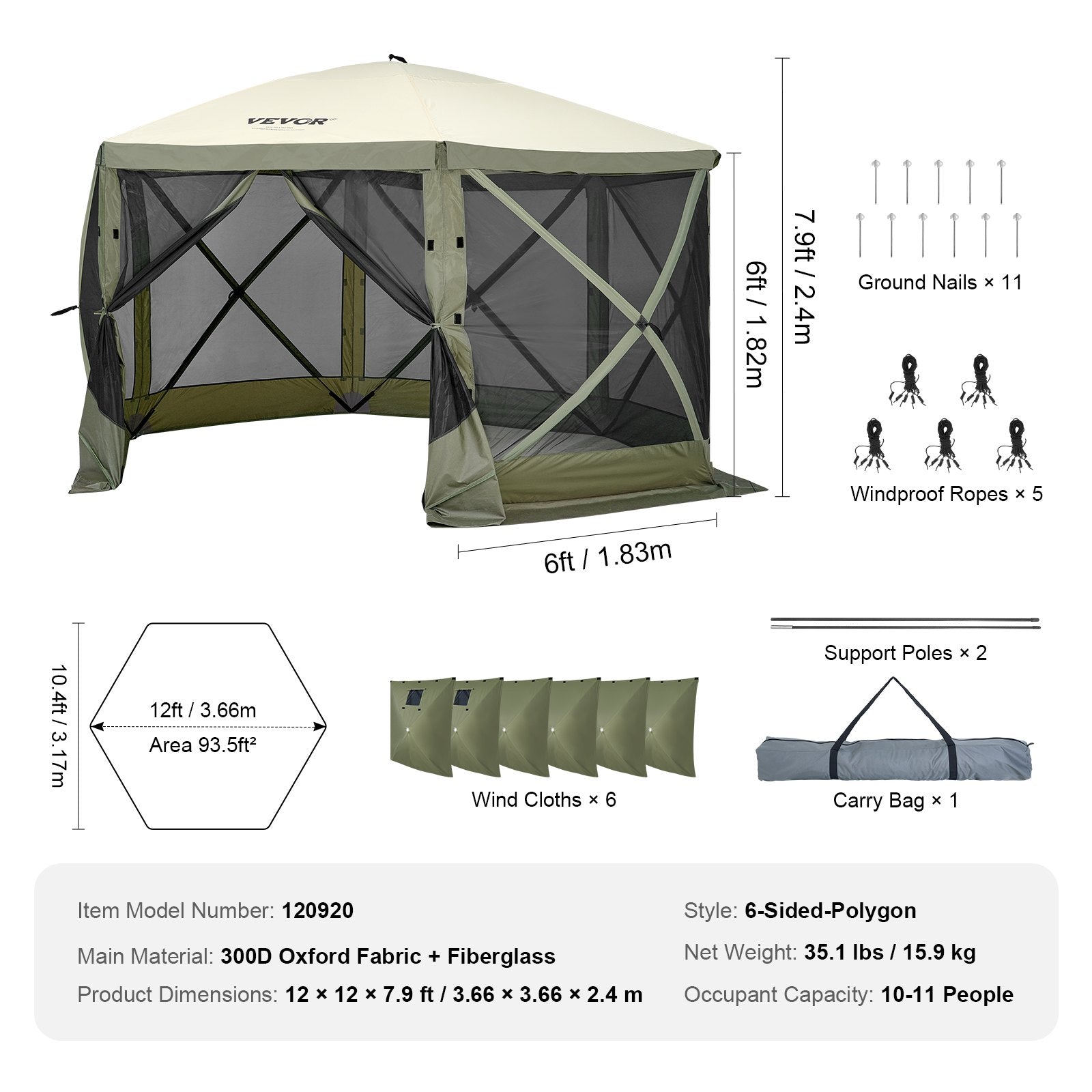 Pop Up Gazebo Tent, Pop-Up Screen Tent 6 Sided Canopy Sun Shelter with 6 Removable Privacy Wind Cloths & Mesh Windows, 12x12FT Quick Set Screen Tent with Mosquito Netting, Army Green