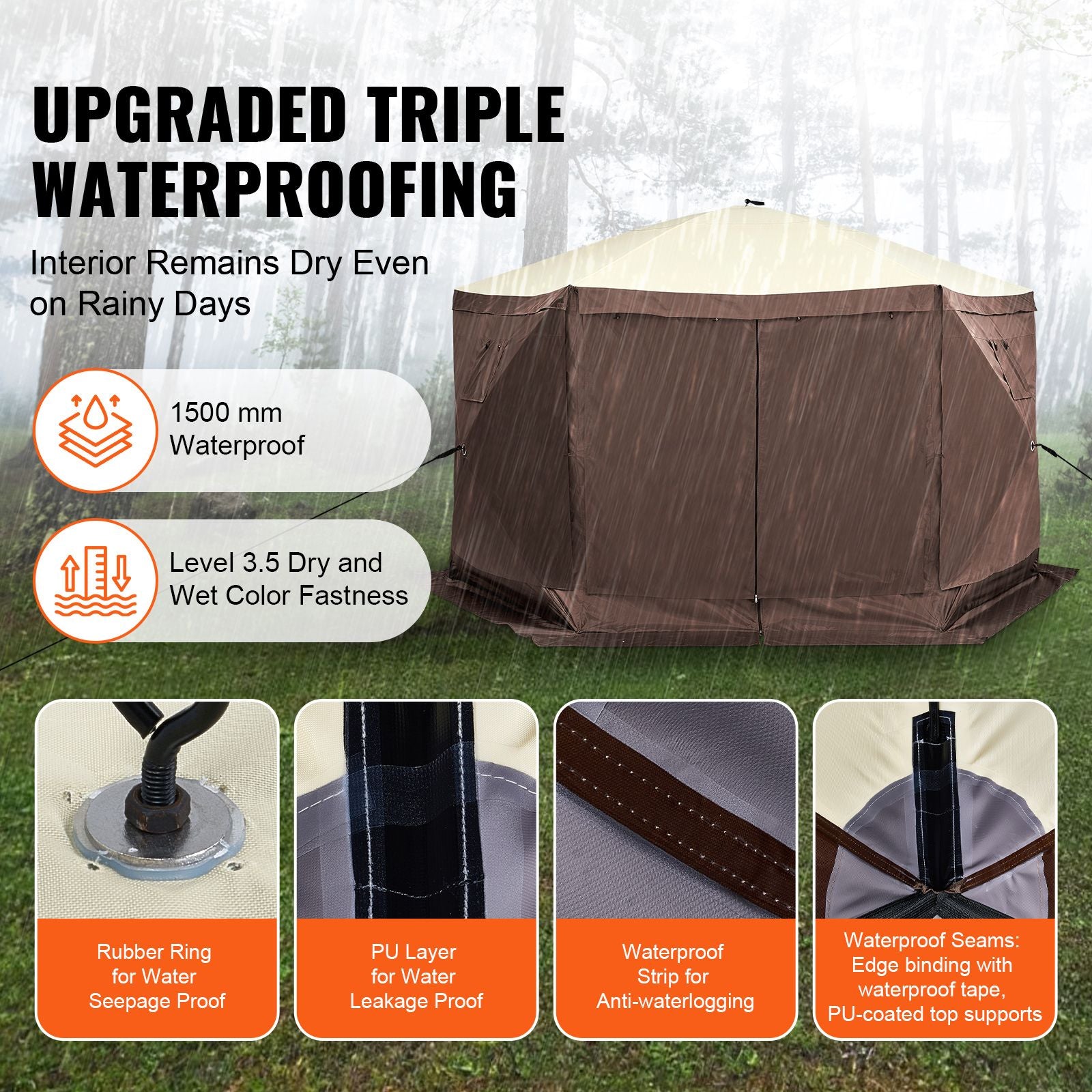 Pop Up Gazebo Tent, Pop-Up Screen Tent 6 Sided Canopy Sun Shelter with 6 Removable Privacy Wind Cloths & Mesh Windows, 12.5x12.5FT Quick Set Screen Tent with Mosquito Netting, Brown