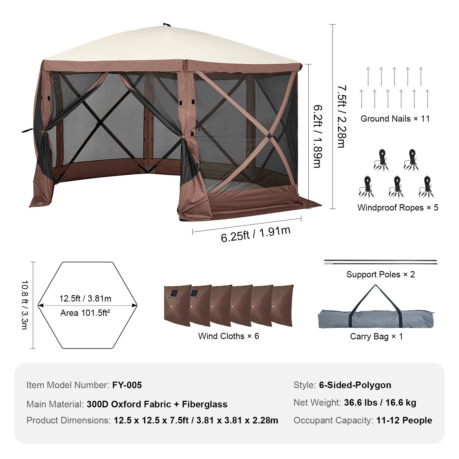 Pop Up Gazebo Tent, Pop-Up Screen Tent 6 Sided Canopy Sun Shelter with 6 Removable Privacy Wind Cloths & Mesh Windows, 12.5x12.5FT Quick Set Screen Tent with Mosquito Netting, Brown