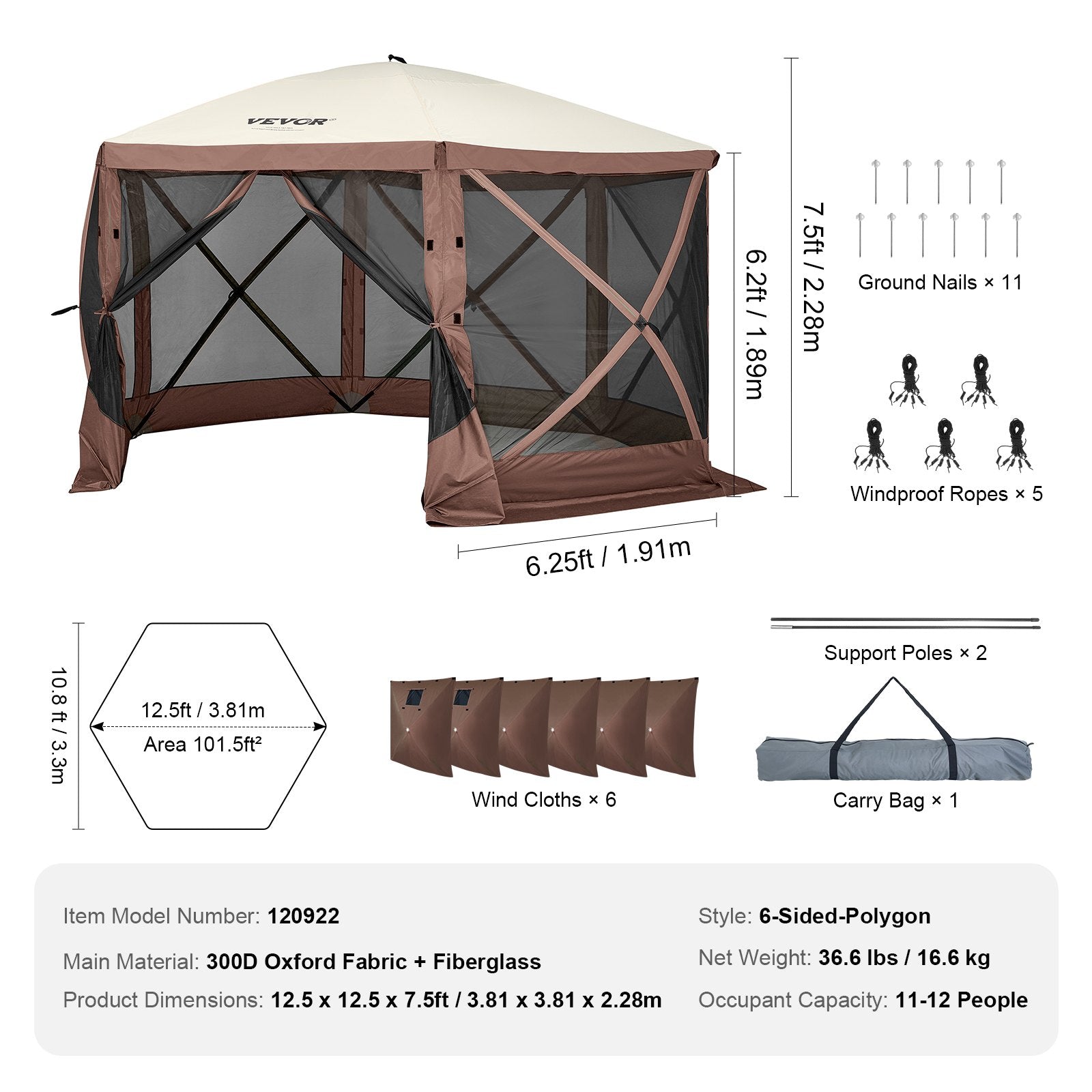 Pop Up Gazebo Tent, Pop-Up Screen Tent 6 Sided Canopy Sun Shelter with 6 Removable Privacy Wind Cloths & Mesh Windows, 12.5x12.5FT Quick Set Screen Tent with Mosquito Netting, Brown