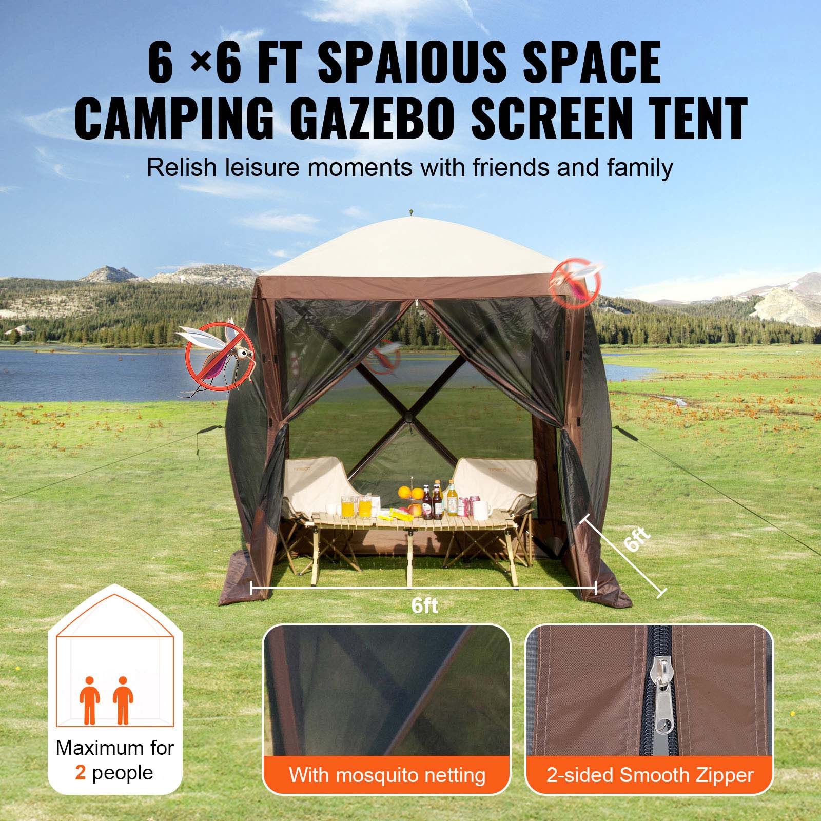 Pop Up Gazebo Tent, Pop-Up Screen Tent 4 Sided Canopy Sun Shelter with 4 Removable Privacy Wind Cloths & Mesh Windows, 6x6FT Quick Set Screen Tent with Mosquito Netting, Brown