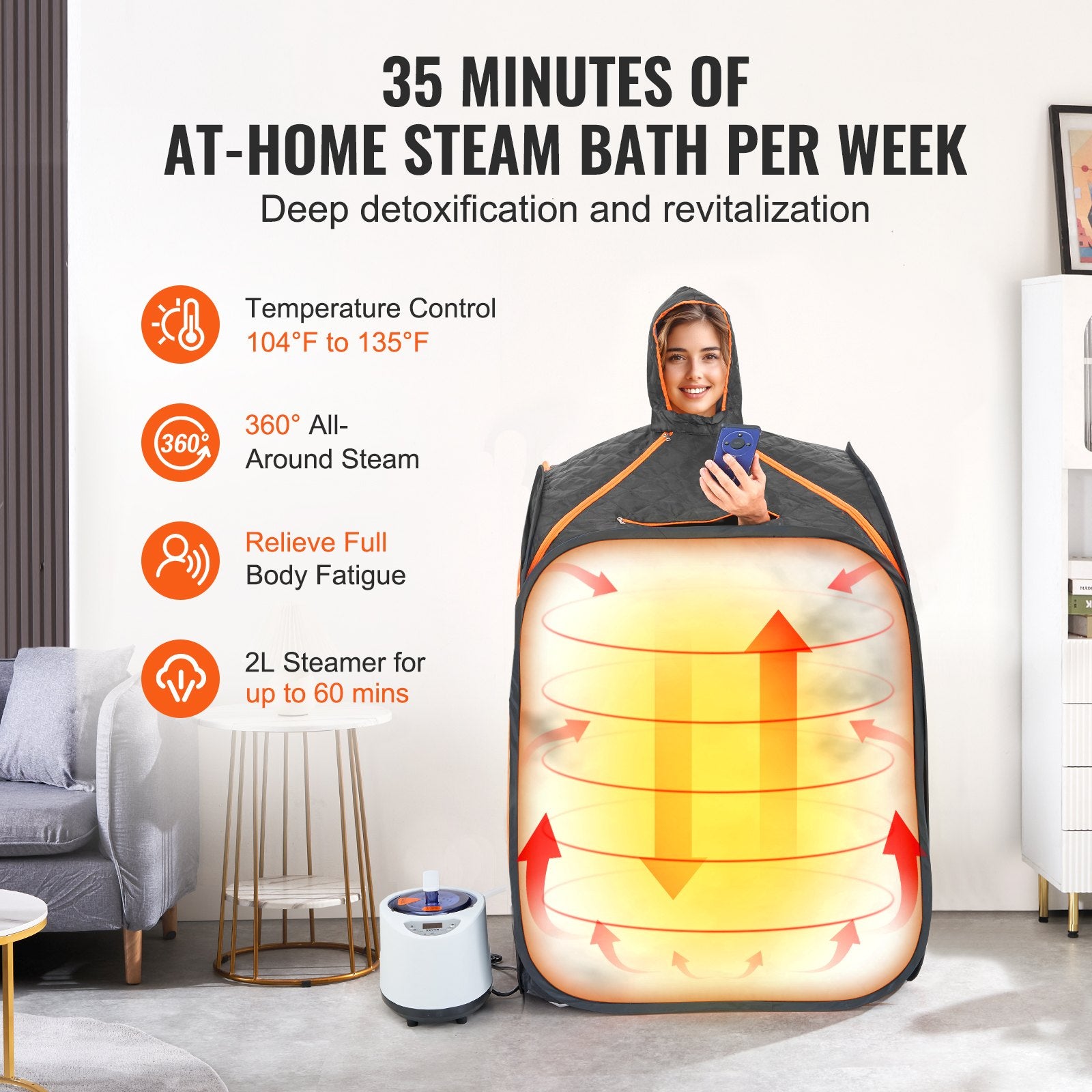 Portable Steam Sauna Tent 1000W Personal Spa Loss Weight Detox Therapy, 800x800x1000 mm