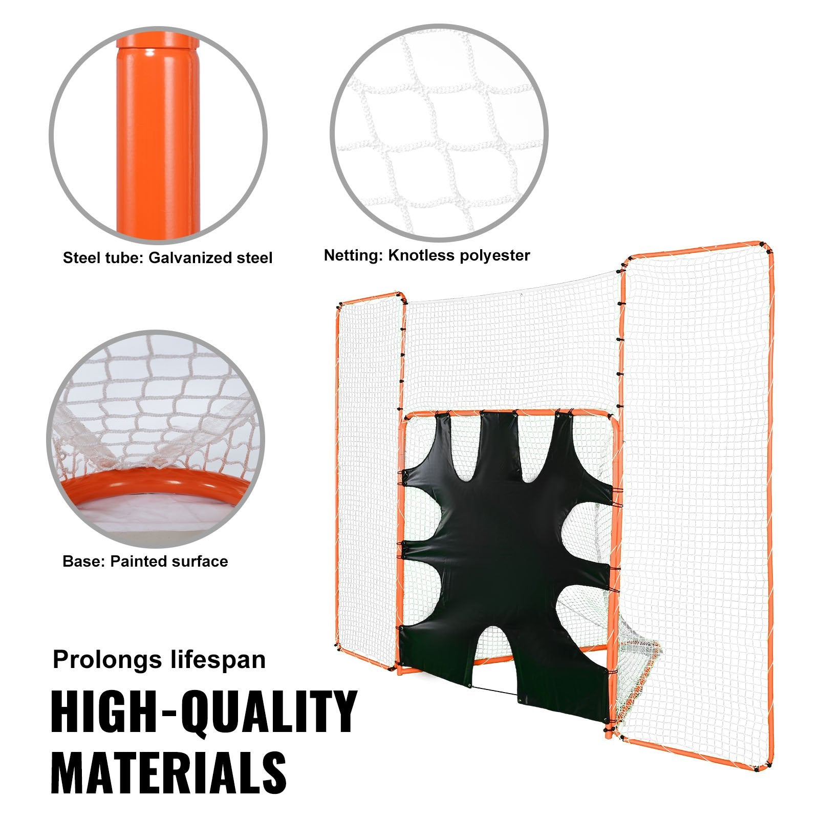 3-IN-1 Lacrosse Goal with Backstop and Target,3.7mx2.7m Lacrosse Net, Steel Frame Backyard Lacrosse Rebounder Equipment, Quick & Easy Setup Training Net, Perfect for Youth Adult Training, Orange