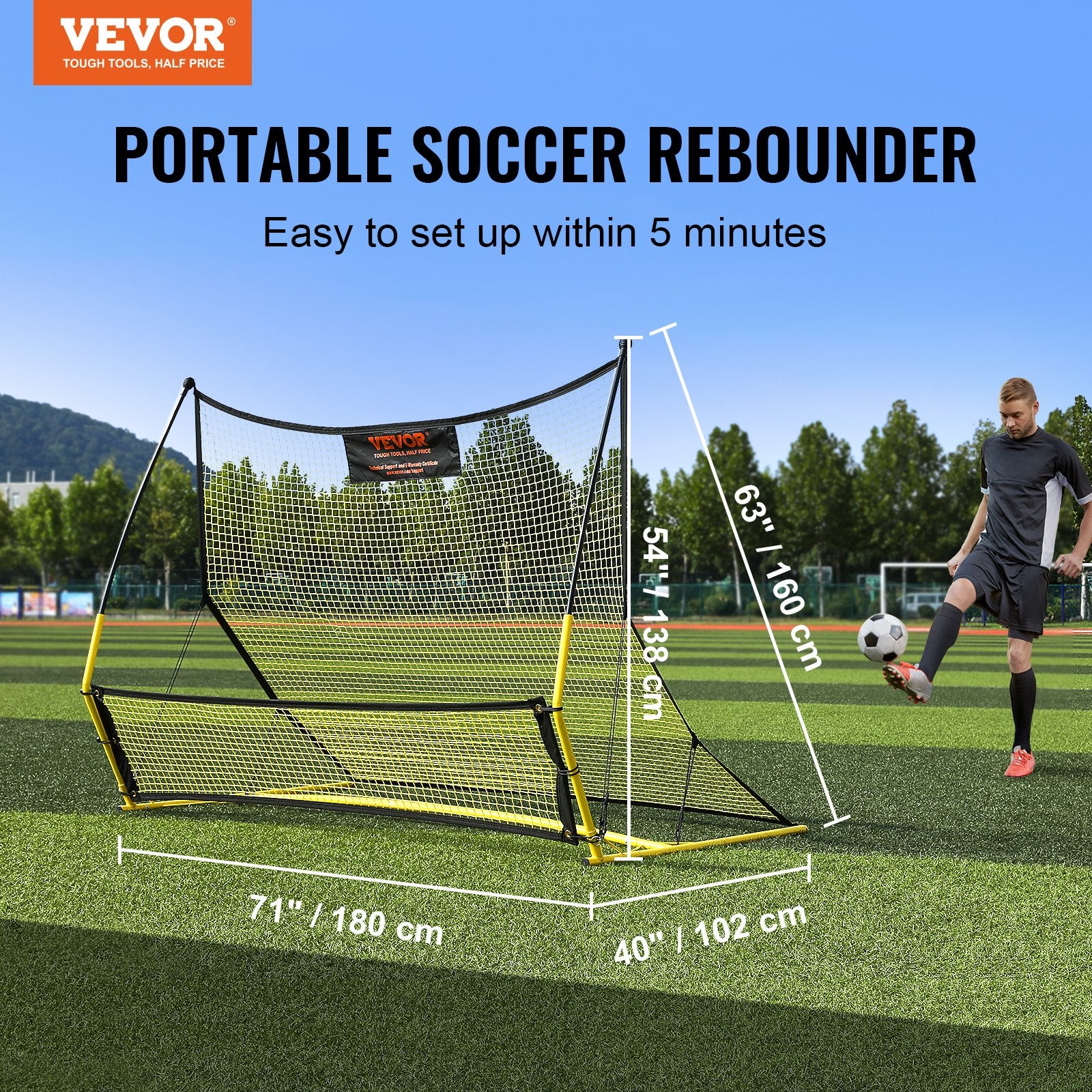 Soccer Trainer, 2-IN-1 Portable Soccer Rebounder Net, Iron Soccer Practice Equipment, Sports Football Rebounder Wall with Portable Bag, Perfect for Team Solo Training, Passing, Volley