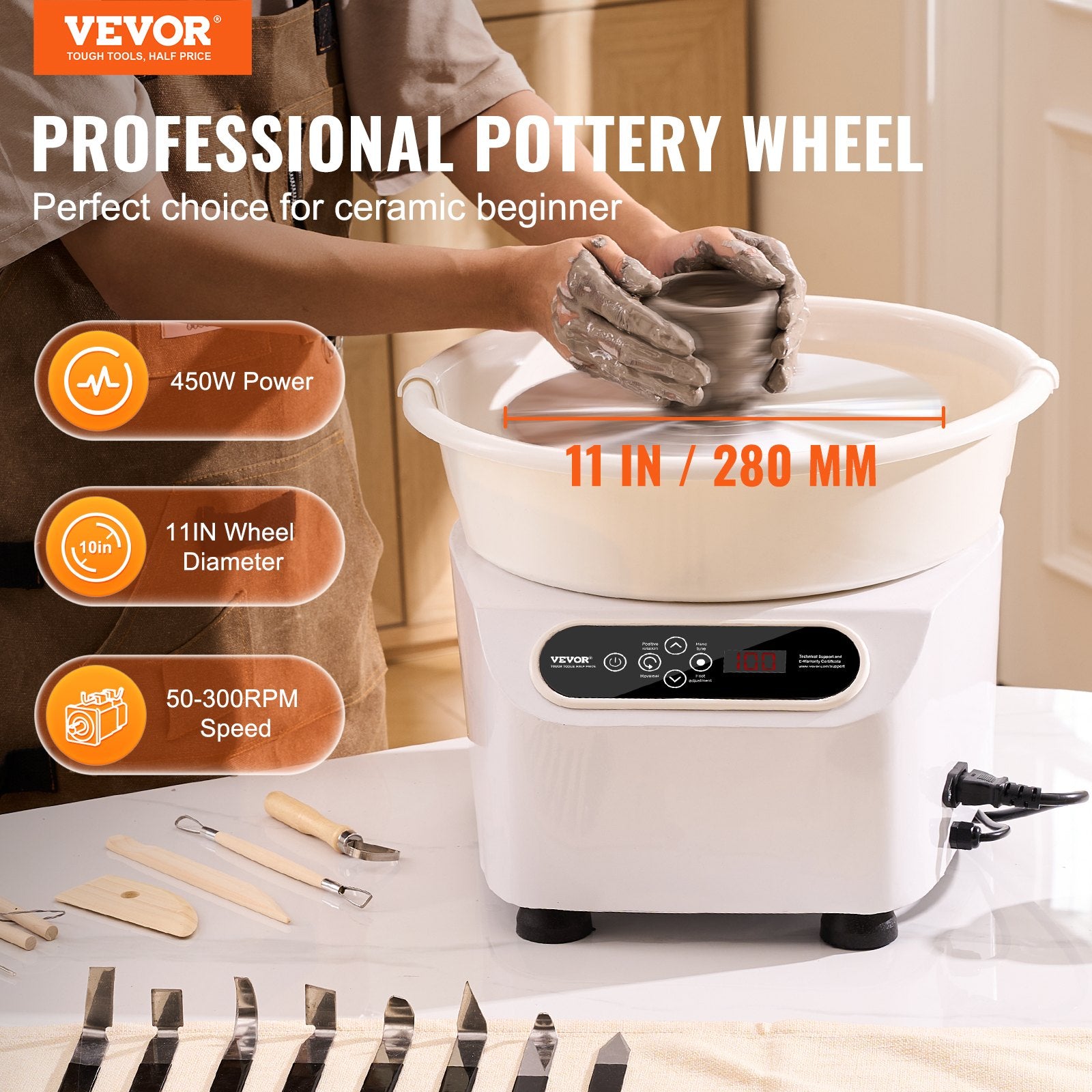 Pottery Wheel, 11 inch Pottery Forming Machine, 450W Electric Wheel for Pottery with Foot Pedal and LCD Touch Screen, Direct Drive Ceramic Wheel with Shaping Tools for DIY Art Craft, White