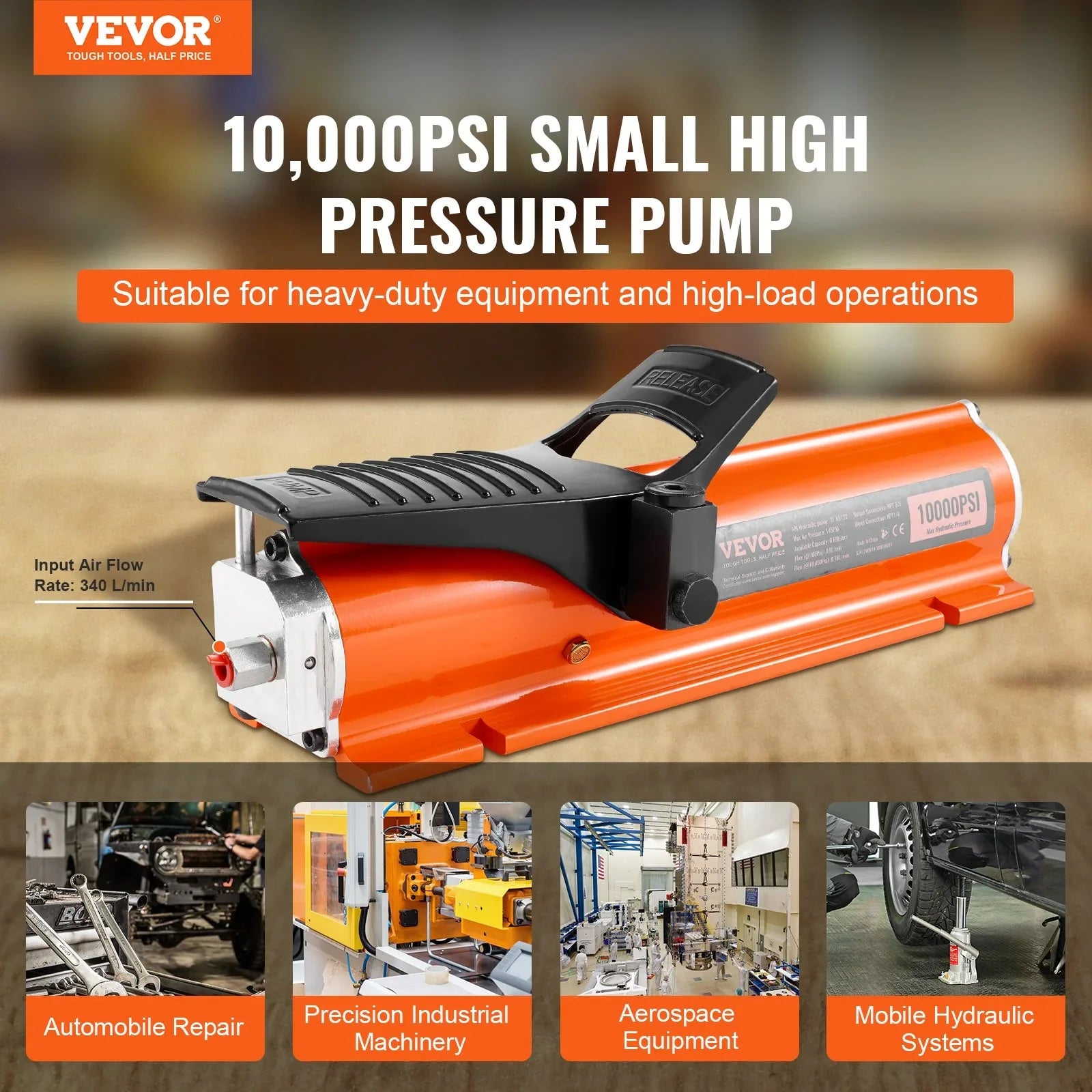 10,000PSI Air Hydraulic Pump, 0.18 Gal Reservoir, NPT 3/8 In Oil Outlet, NPT 1/4 In Inlet, Metal Shell Air Actuated Treadle Foot Pump, for Precision Industrial Machinery & Aerospace Equipment
