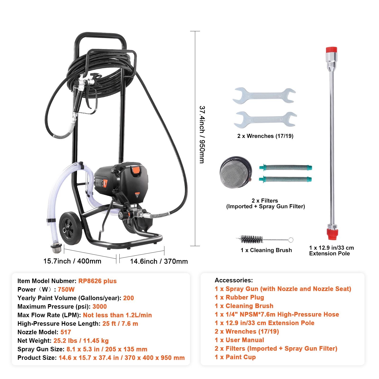 Stand Airless Paint Sprayer, 750W 3000PSI High Efficiency Electric Airless Sprayer With Cart, Fine And Even Painting Effect, Paint Sprayers for Home Interior and Exterior Furniture and Fences