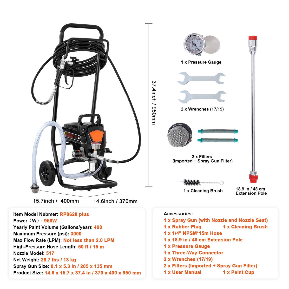 950W Airless Paint Sprayer 3000PSI Electric Paint Sprayer with Cart