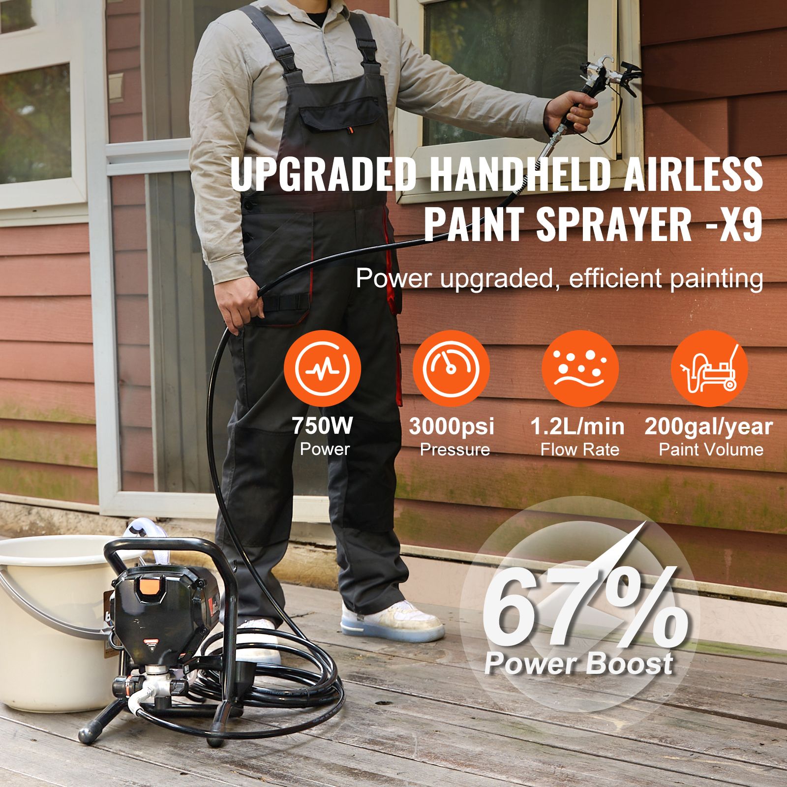 Stand Airless Paint Sprayer, 750W 3000PSI High Efficiency Electric Airless Sprayer, Fine And Even Painting Effect, Handheld Paint Sprayers for Home Interior and Exterior Furniture and Fences