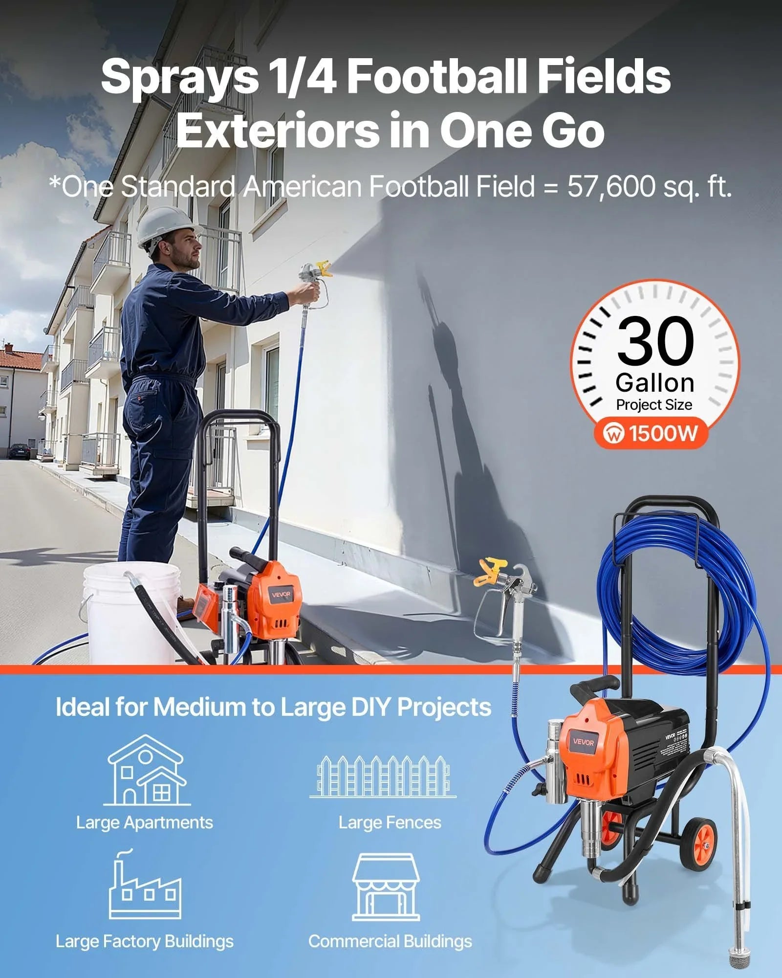 Stand Airless Paint Sprayer, 1500W, 3300PSI High Pressure Airless Sprayer with Cart, Cleaning Brush, Hose, Extension Rod, Nozzles, Electric Spray Paint Machine for Large Apartments, Buildings