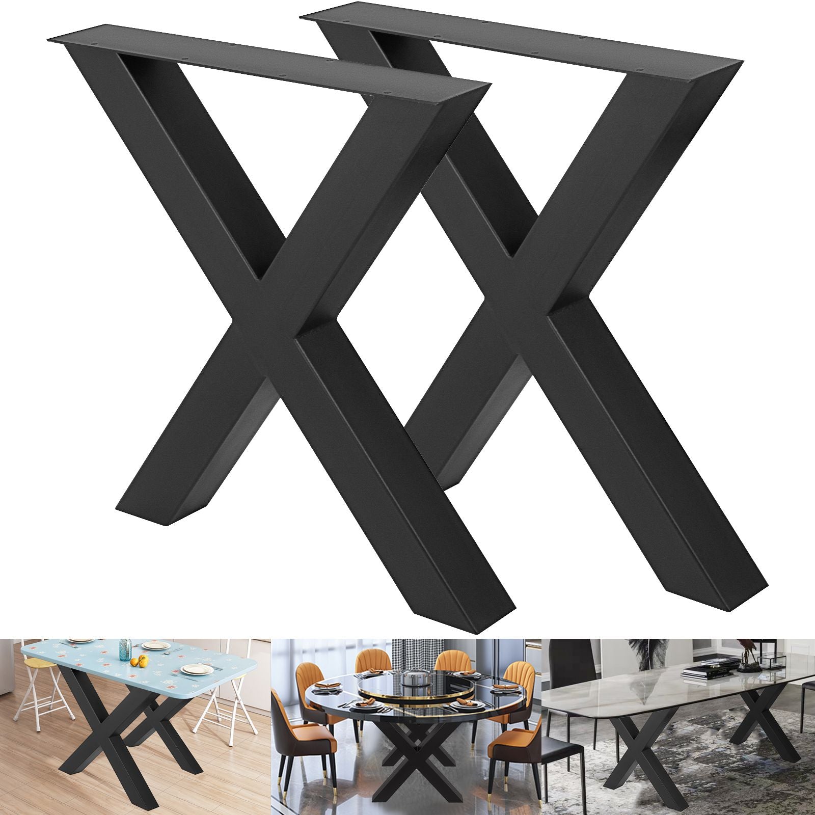 Set of 2 Steel Table Legs, 72cm Height 79cm Wide Dining Table Legs, Heavy Duty 7.9cm Square Box Section X Frame Table Legs,72x79x7.9 cm Black Color Industrial Country Style Metal Dining Leg