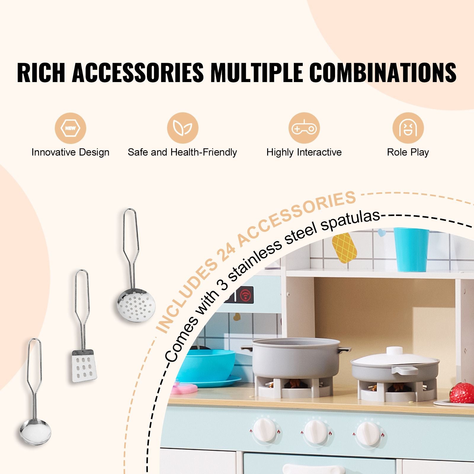 Kitchen Playset Kids Pretend Cooking Play Toy 24 Piece Accessories White