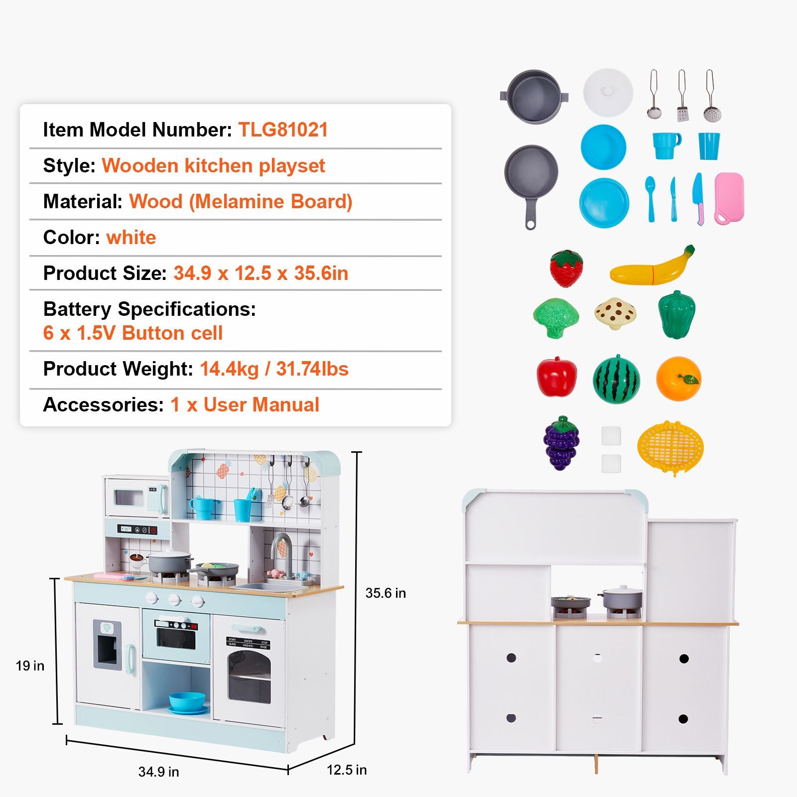 Kitchen Playset Kids Pretend Cooking Play Toy 24 Piece Accessories White