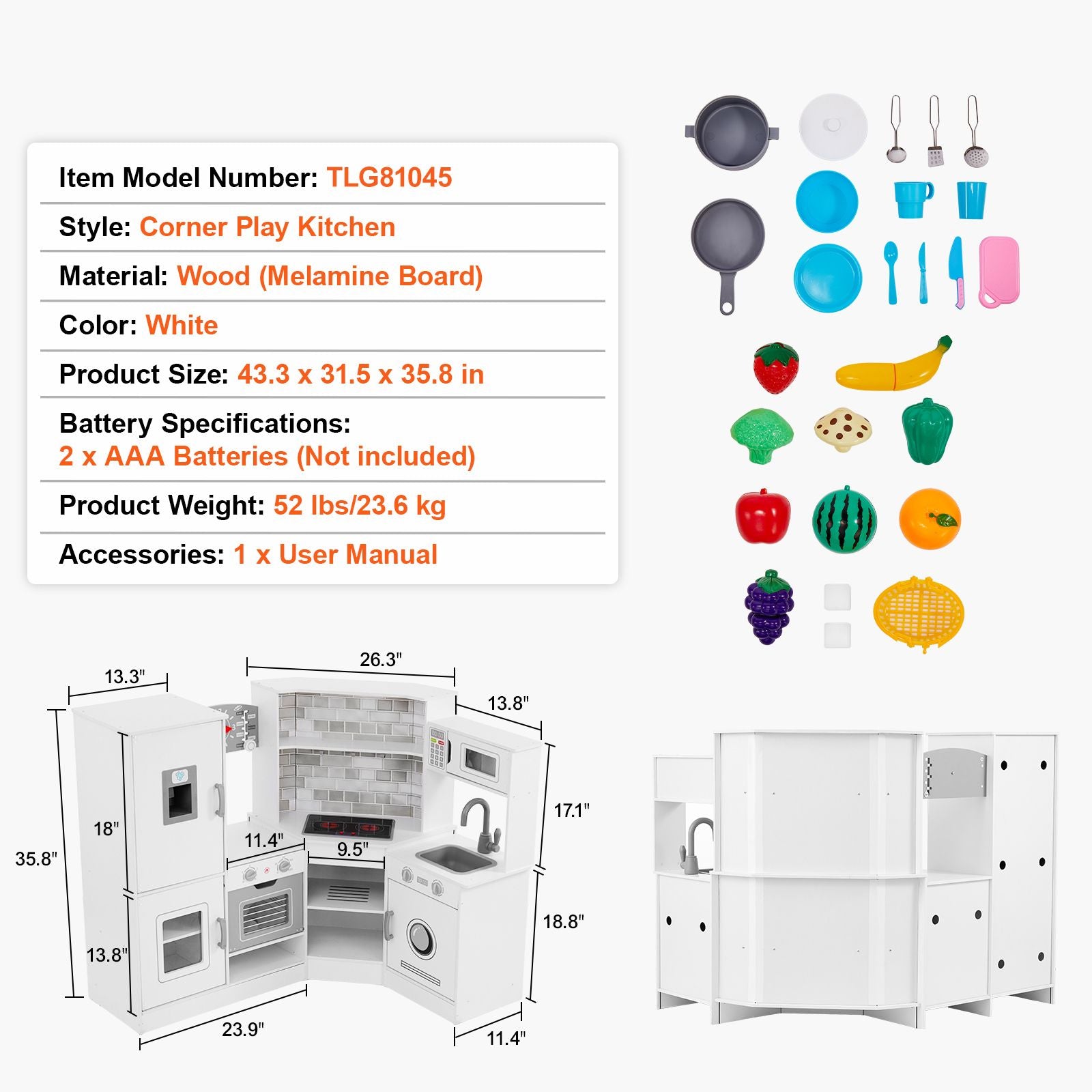 Kitchen Playset Kids Pretend Cooking Play Toy 24 Piece Accessories White
