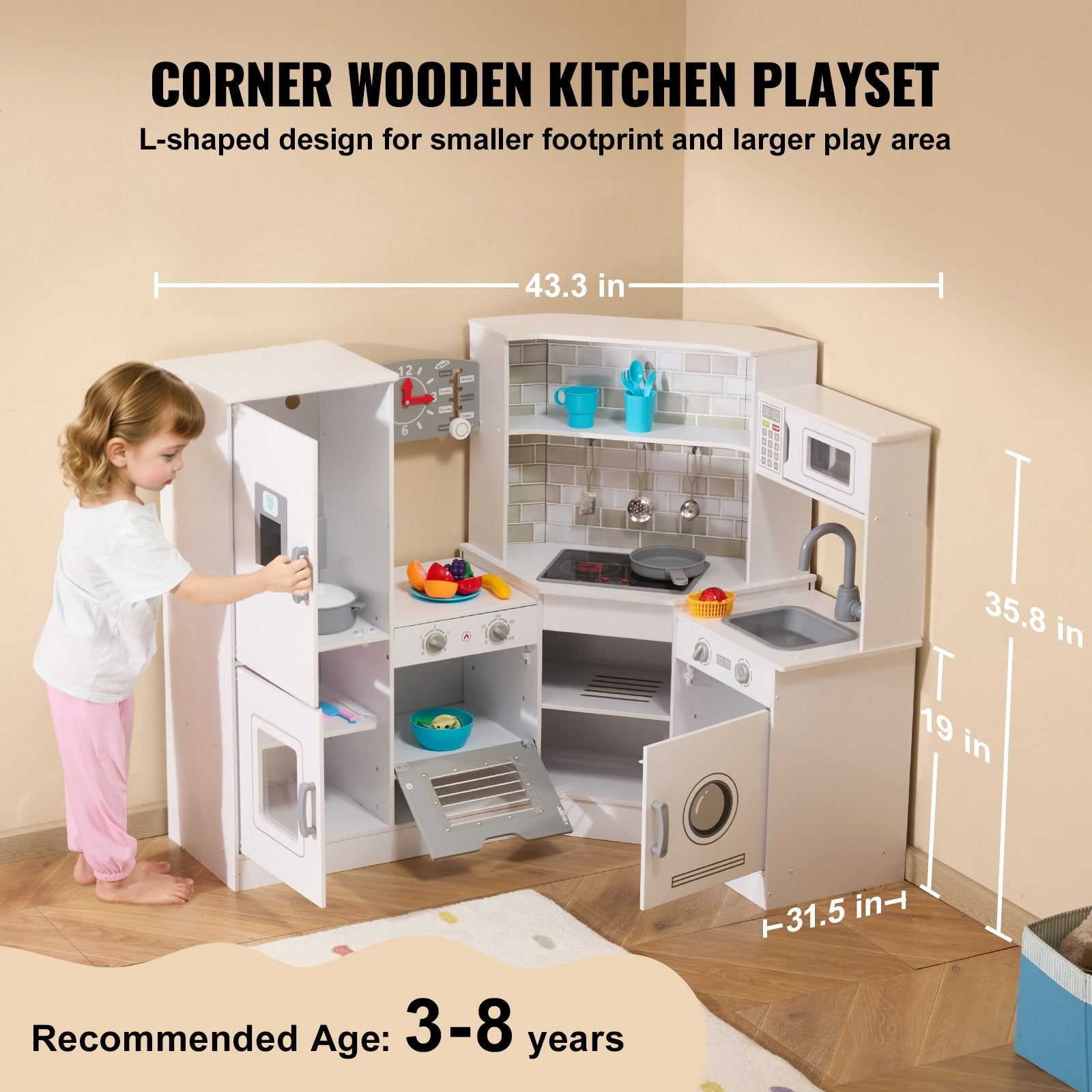 Kitchen Playset Kids Pretend Cooking Play Toy 24 Piece Accessories White