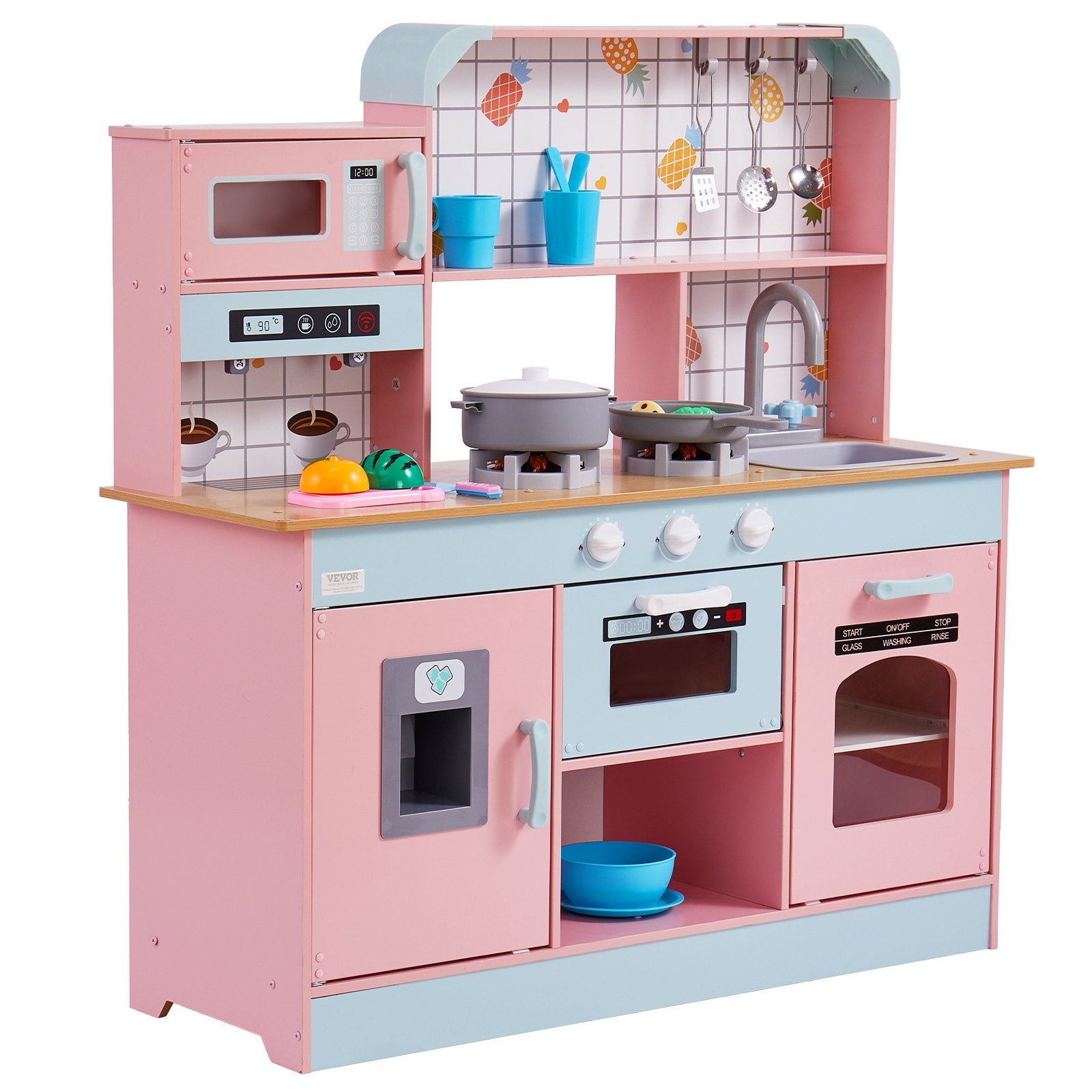 Kitchen Playset Kids Pretend Cooking Play Toy 24 Piece Accessories Pink