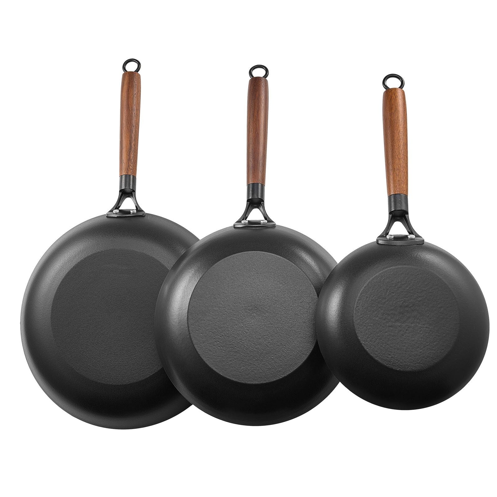 Cast Iron Skillet, 3-Piece Frying Pan Set (205, 265, 310 mm), Nonstick Skillets with Detachable Wood Handle, Pre-Seasoned Chef's Pan, Kitchen Cookware for Gas, Electrical, and Induction, Black