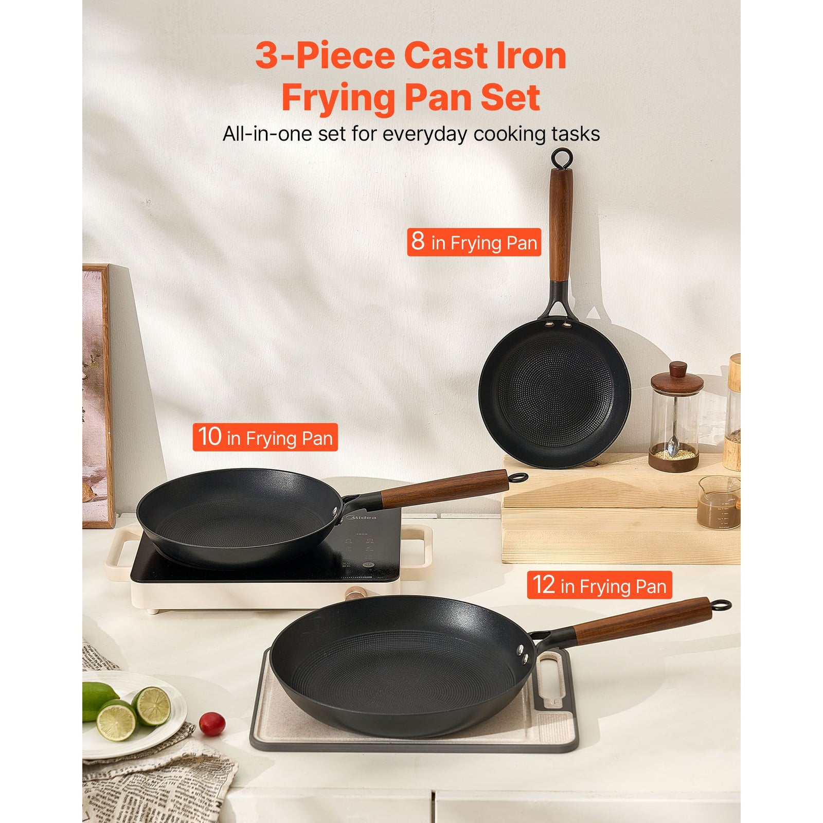Cast Iron Skillet, 3-Piece Frying Pan Set (205, 265, 310 mm), Nonstick Skillets with Detachable Wood Handle, Pre-Seasoned Chef's Pan, Kitchen Cookware for Gas, Electrical, and Induction, Black