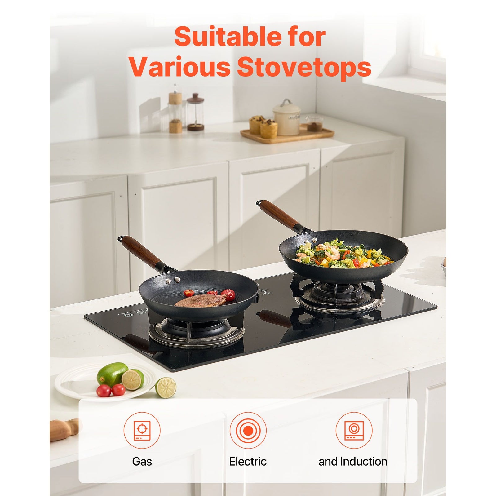 Cast Iron Skillet, 3-Piece Frying Pan Set (205, 265, 310 mm), Nonstick Skillets with Detachable Wood Handle, Pre-Seasoned Chef's Pan, Kitchen Cookware for Gas, Electrical, and Induction, Black
