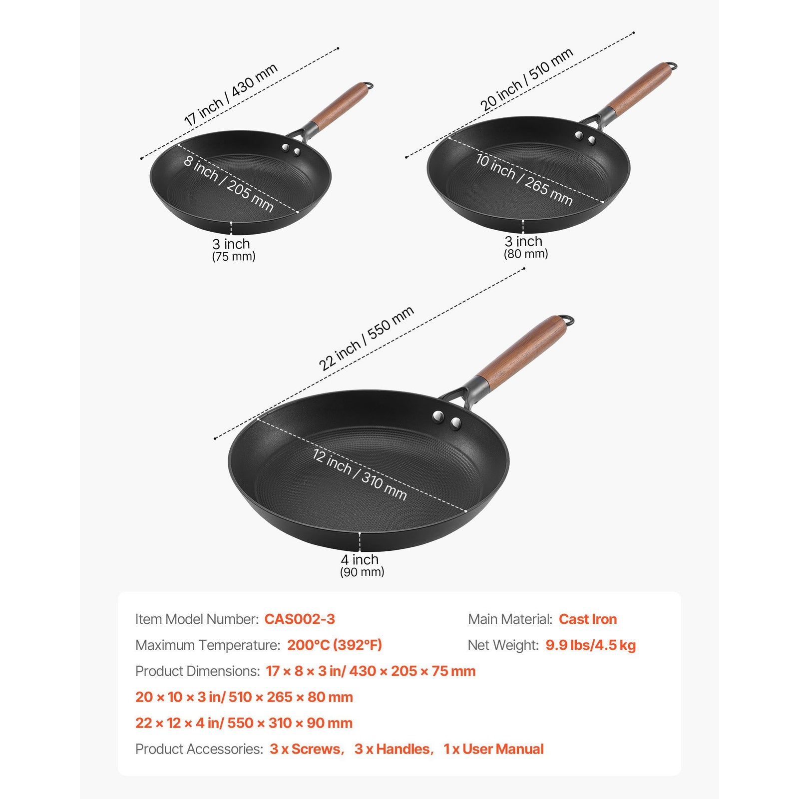 Cast Iron Skillet, 3-Piece Frying Pan Set (205, 265, 310 mm), Nonstick Skillets with Detachable Wood Handle, Pre-Seasoned Chef's Pan, Kitchen Cookware for Gas, Electrical, and Induction, Black