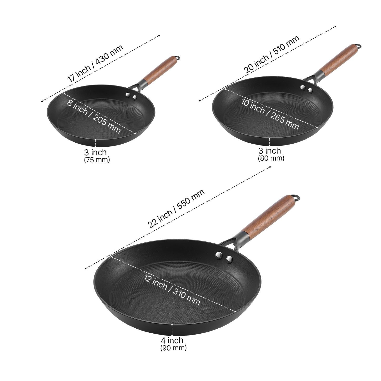 Cast Iron Skillet, 3-Piece Frying Pan Set (205, 265, 310 mm), Nonstick Skillets with Detachable Wood Handle, Pre-Seasoned Chef's Pan, Kitchen Cookware for Gas, Electrical, and Induction, Black