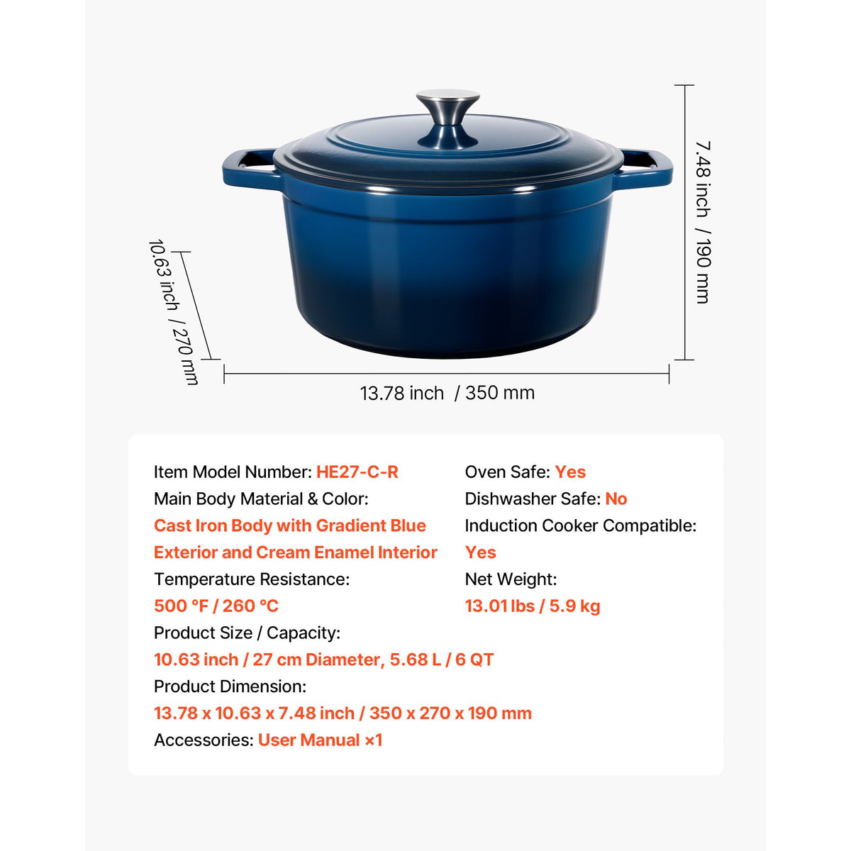 5.7L Enameled Cast Iron Dutch Oven with Lid Induction Oven Safe Blue