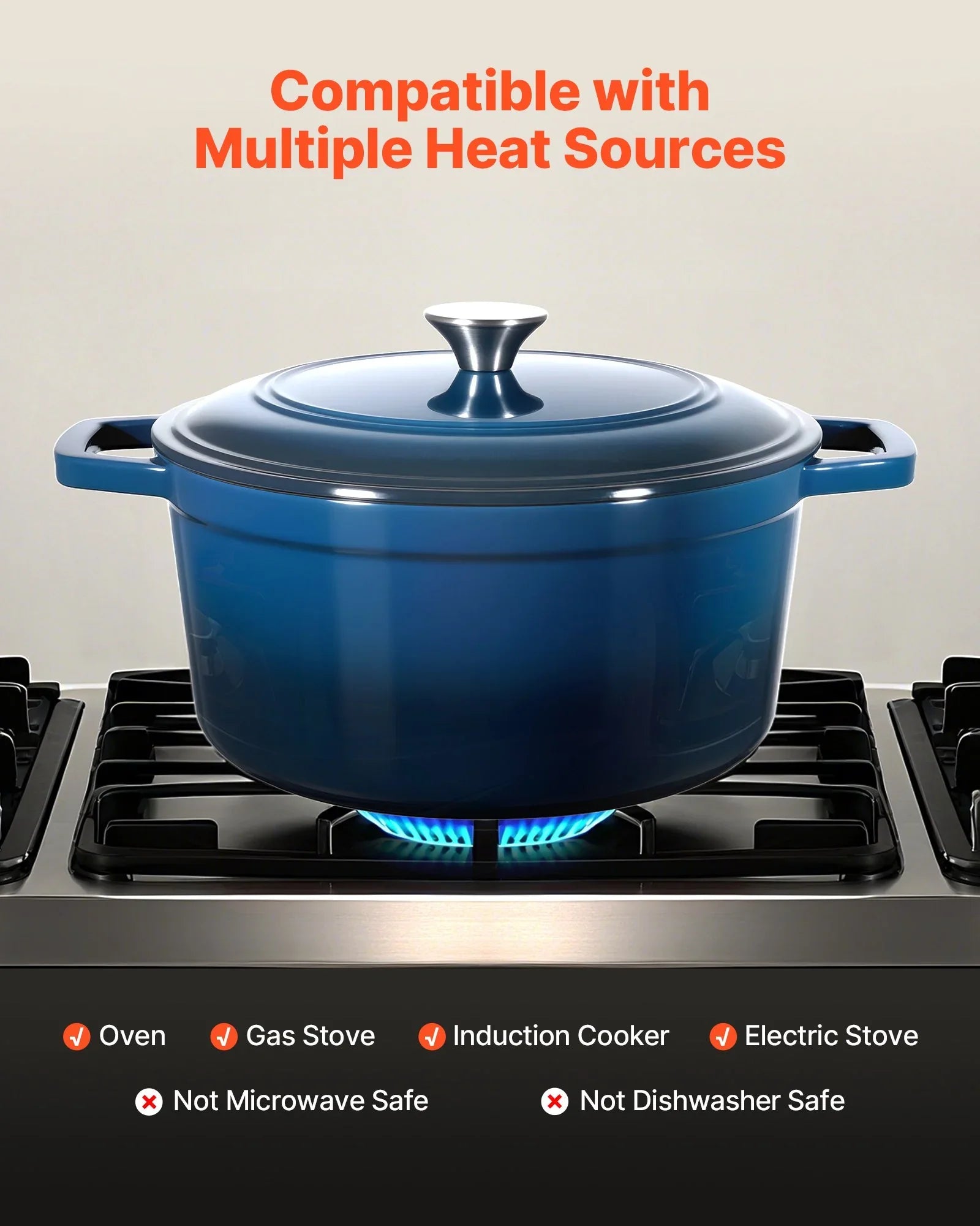 Enameled Cast Iron Dutch Oven, 5.7L Pot with Lid and Dual Handles, Heavy-Duty Durable Cookware Pan, Oven Induction Compatible up to 260 ℃, for Braising, Stews, Roasting, Bread Baking, Blue