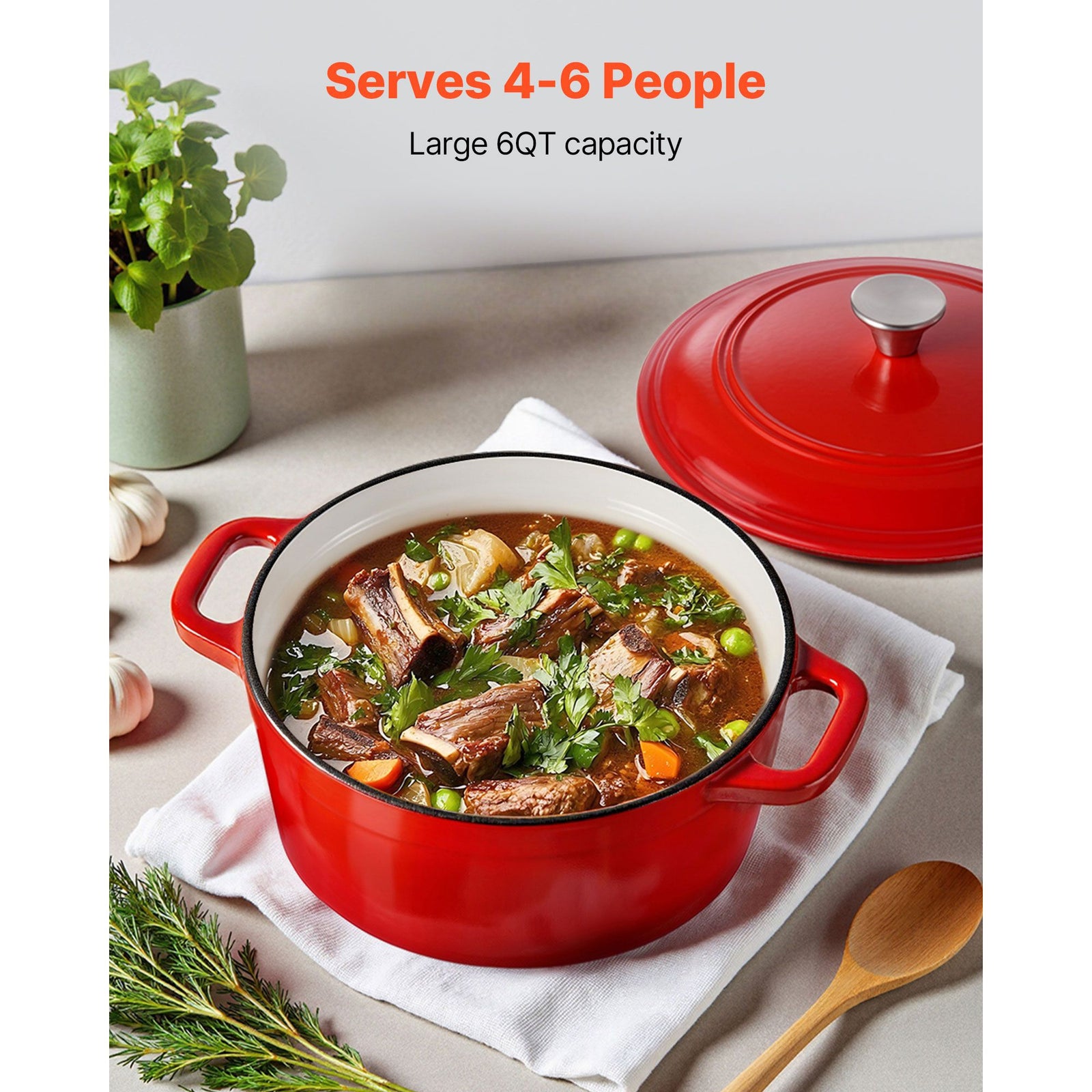 Enameled Cast Iron Dutch Oven, 5.7L Pot with Lid and Dual Handles, Heavy-Duty Durable Cookware Pan, Oven Induction Compatible up to 260 ℃, for Braising, Stews, Roasting, Bread Baking, Red