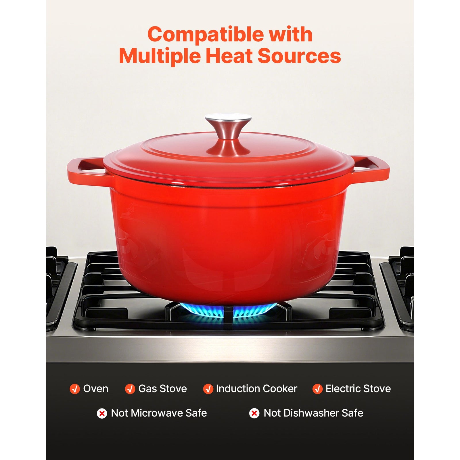 Enameled Cast Iron Dutch Oven, 5.7L Pot with Lid and Dual Handles, Heavy-Duty Durable Cookware Pan, Oven Induction Compatible up to 260 ℃, for Braising, Stews, Roasting, Bread Baking, Red