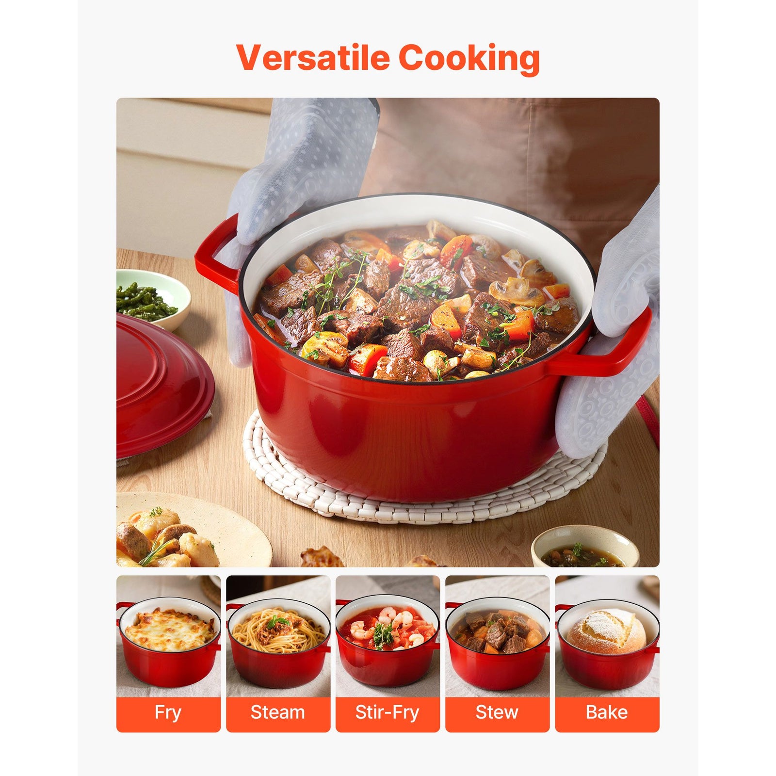 Enameled Cast Iron Dutch Oven, 5.7L Pot with Lid and Dual Handles, Heavy-Duty Durable Cookware Pan, Oven Induction Compatible up to 260 ℃, for Braising, Stews, Roasting, Bread Baking, Red