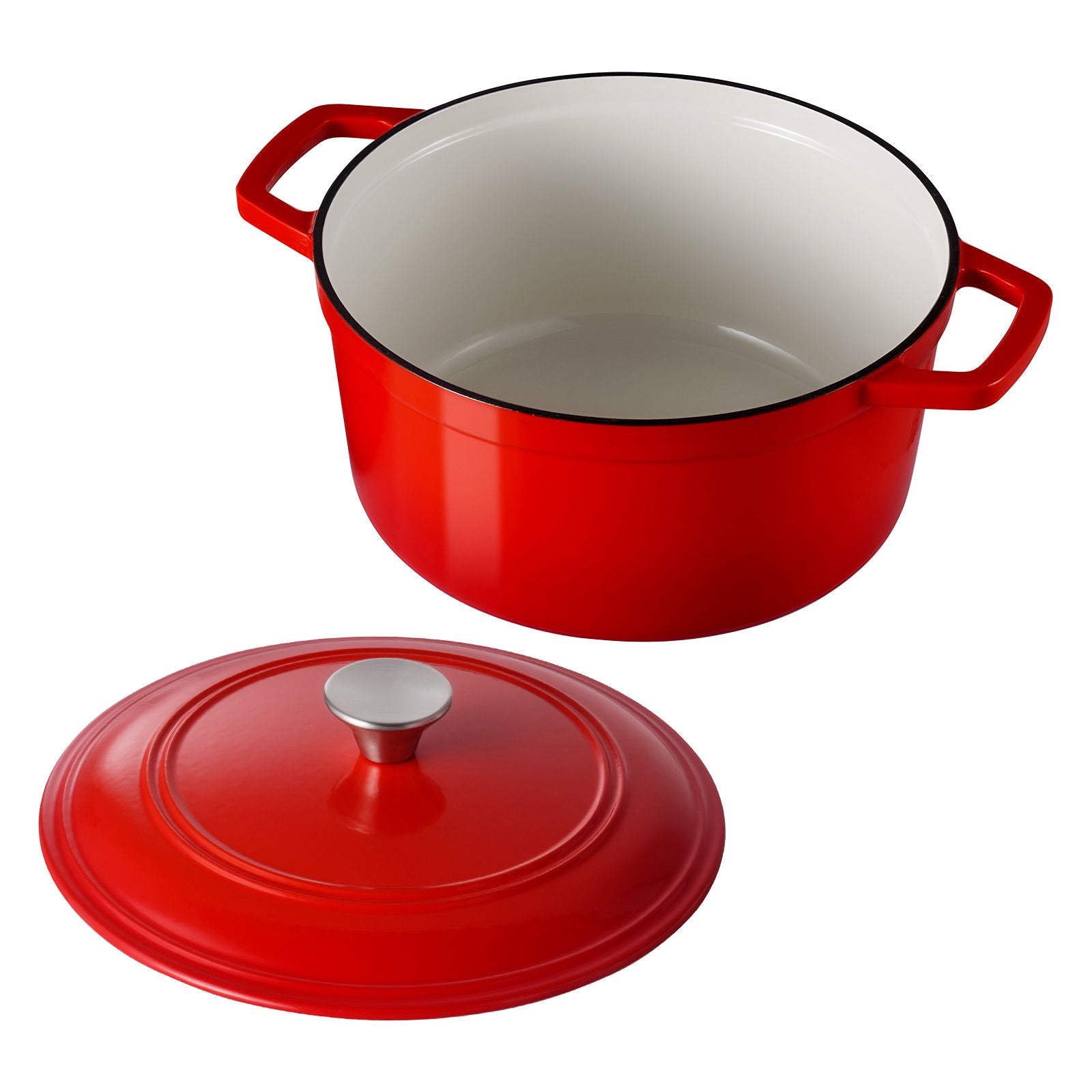 Enameled Cast Iron Dutch Oven, 5.7L Pot with Lid and Dual Handles, Heavy-Duty Durable Cookware Pan, Oven Induction Compatible up to 260 ℃, for Braising, Stews, Roasting, Bread Baking, Red