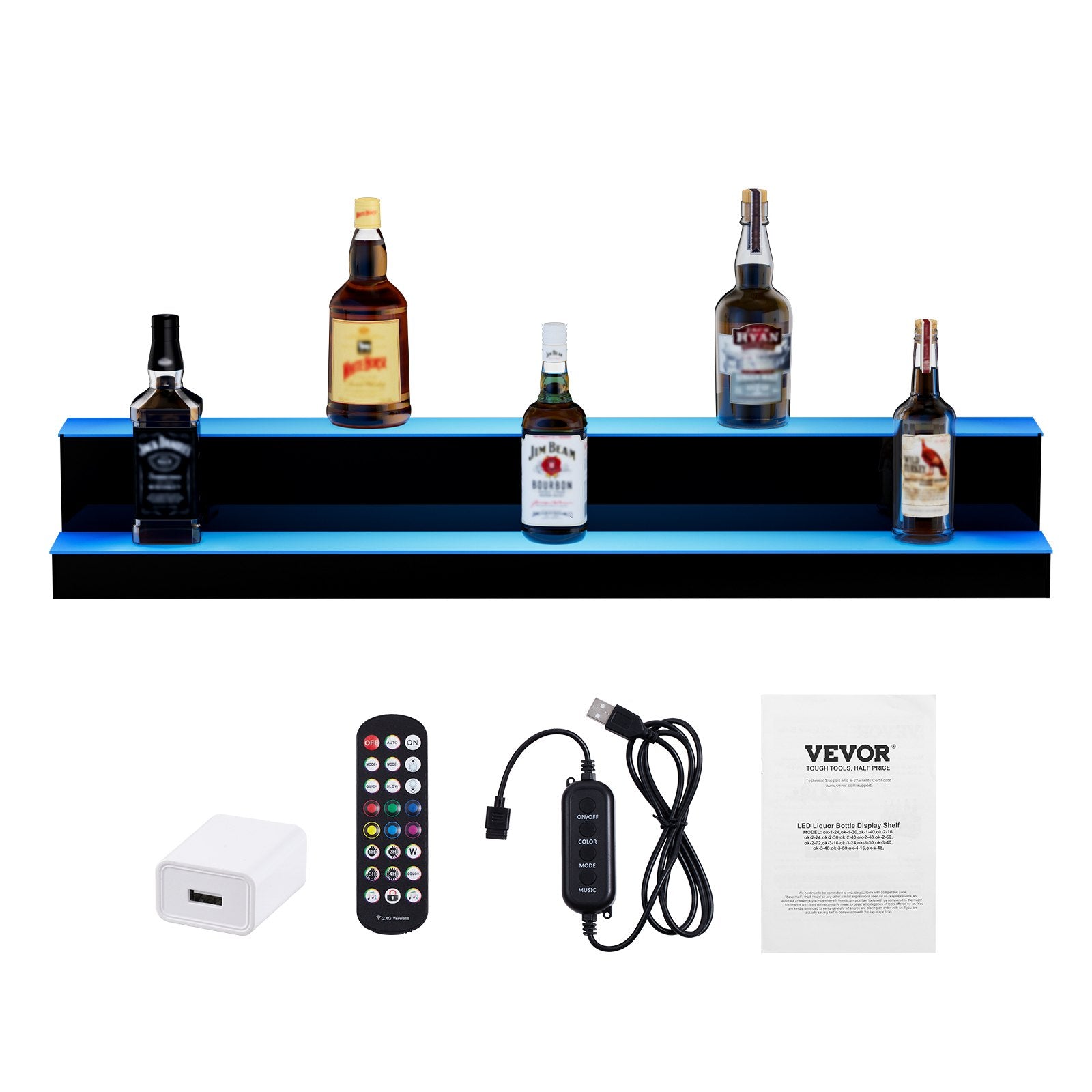 LED Lighted Liquor Bottle Display, 2 Tiers 40 Inch Commercial Illuminated Home Bar Shelf, 2 Steps Whiskey Rack Stand, Acrylic Drink Shelves with RF Remote & App Control, and Multicolor lighting