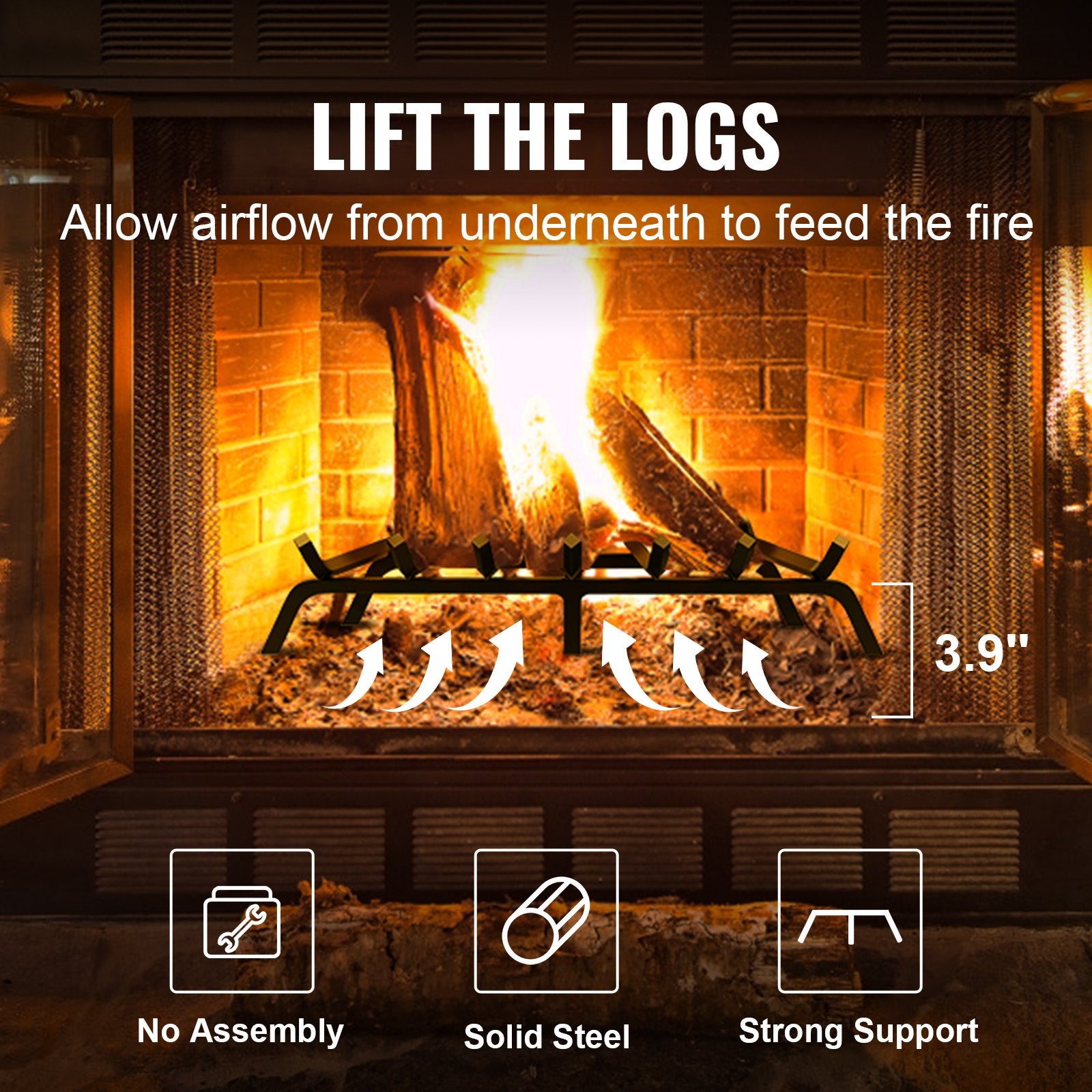 Fireplace Log Grate, 762mm Heavy Duty Fireplace Grate with 6 Support Legs, 19.05mm Solid Powder-coated Steel Bars, Log Firewood Burning Rack Holder for Indoor and Outdoor Fireplace