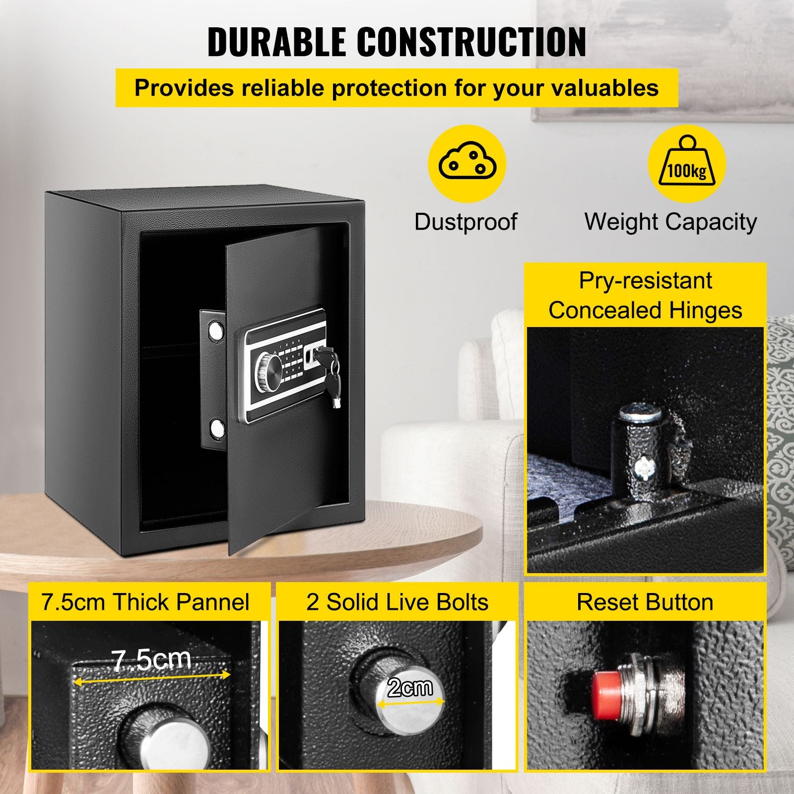 Safe Box, 1.7 CU.FT Fingerprint Safe Box for Money with 2 Keys & Digital Keypad, Q235 Steel Safe Box for Storing Cash, Jewelry, Pistols, Documents, Watches in Home & Office & Hotel