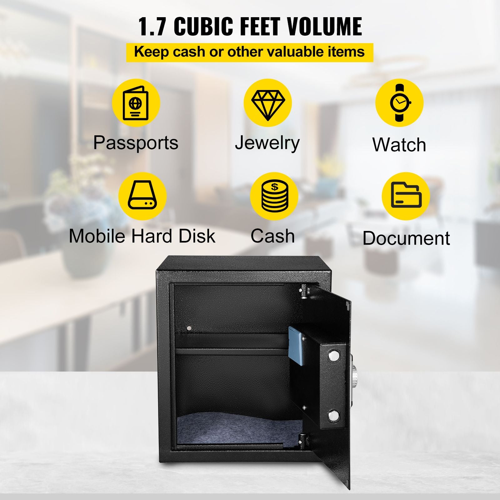 Safe Box, 1.7 CU.FT Fingerprint Safe Box for Money with 2 Keys & Digital Keypad, Q235 Steel Safe Box for Storing Cash, Jewelry, Pistols, Documents, Watches in Home & Office & Hotel