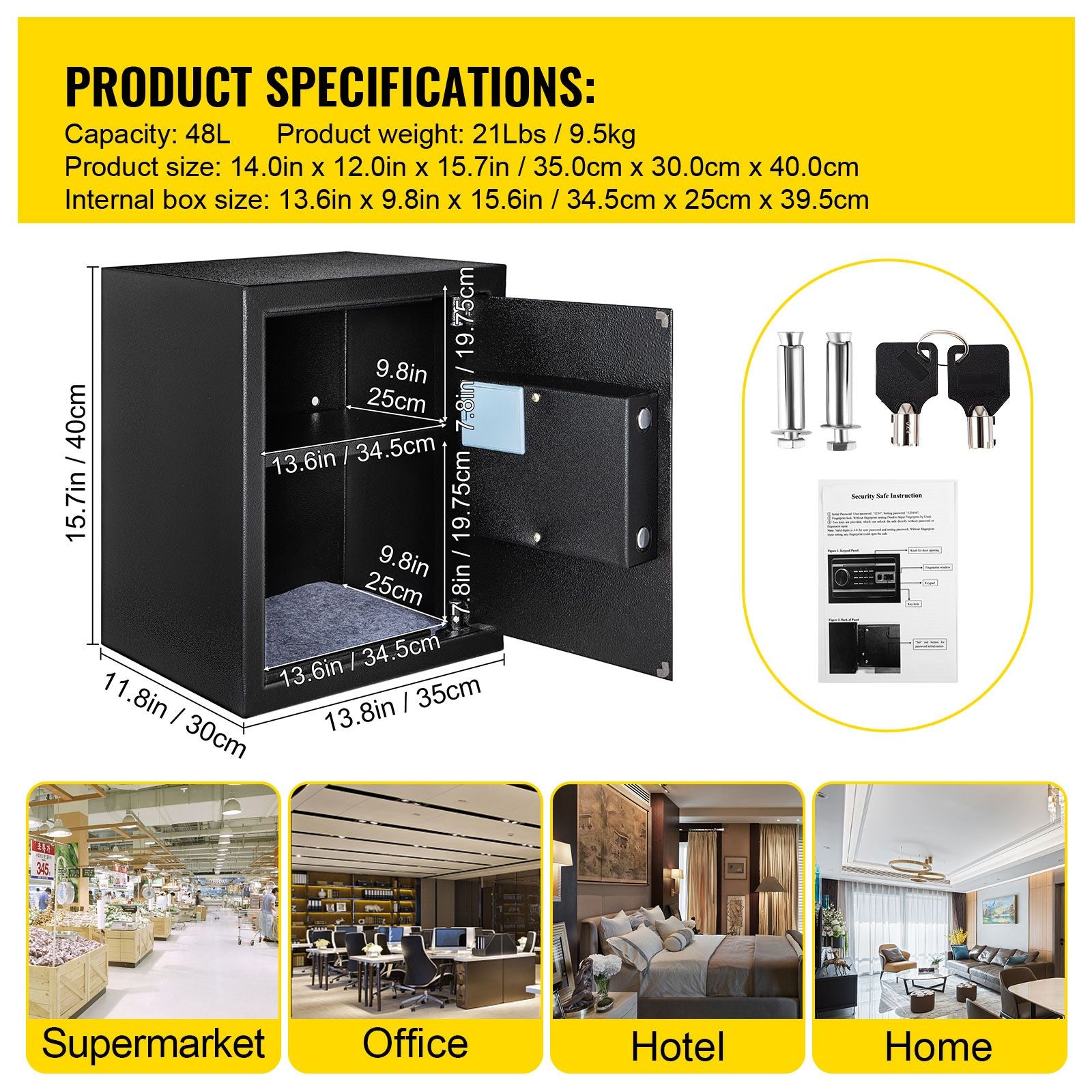 Safe Box, 1.7 CU.FT Fingerprint Safe Box for Money with 2 Keys & Digital Keypad, Q235 Steel Safe Box for Storing Cash, Jewelry, Pistols, Documents, Watches in Home & Office & Hotel