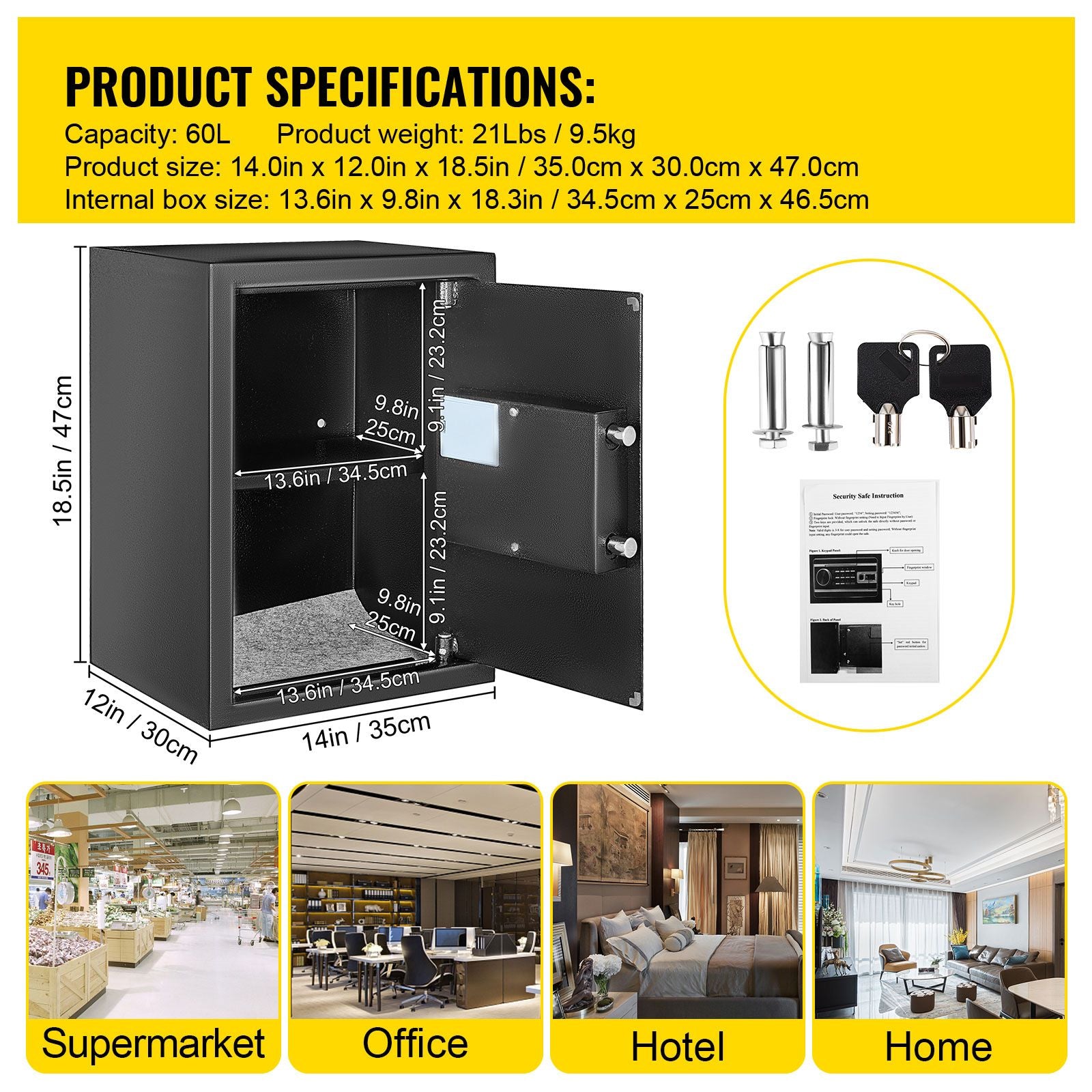 Safe Box, 2.1 CU.FT Fingerprint Safe Box for Money w/ 2 Keys & Digital Keypad, Q235 Steel Safe Box for Storing Cash, Jewelry, Pistols, Documents, Watches in Home & Office & Hotel