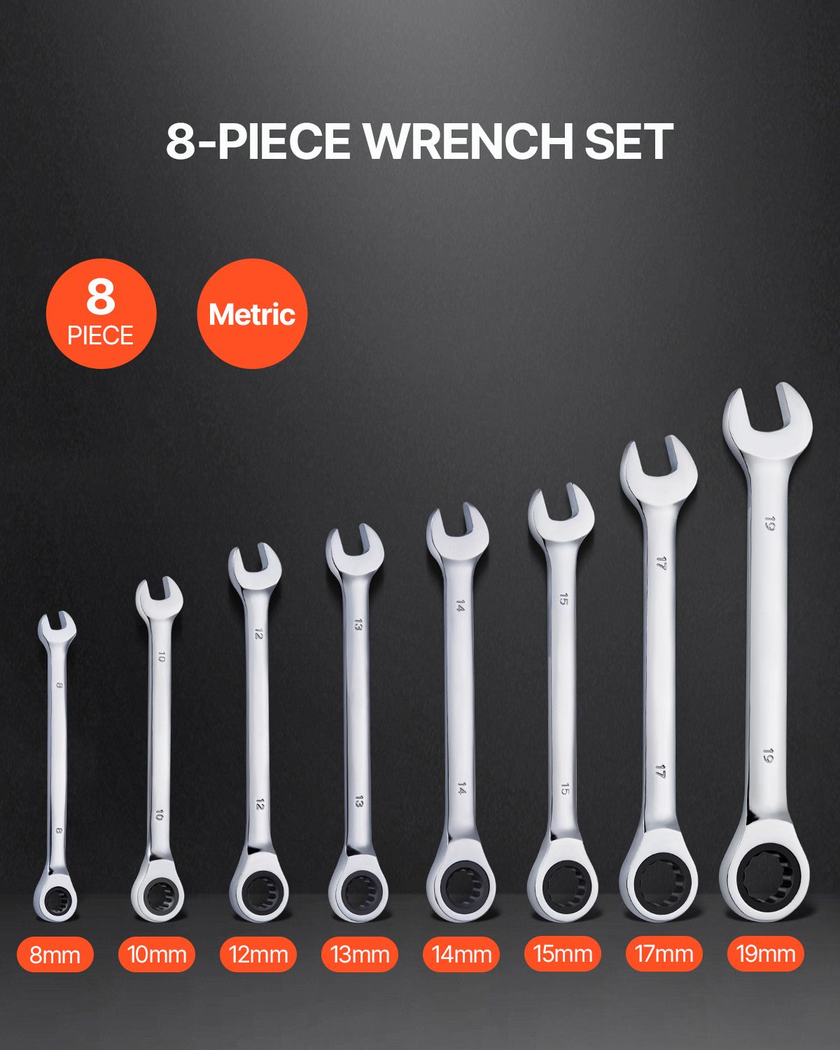 8-Piece Metric Combination Wrench Set 8-19mm with Organizer Rack Tool Kit