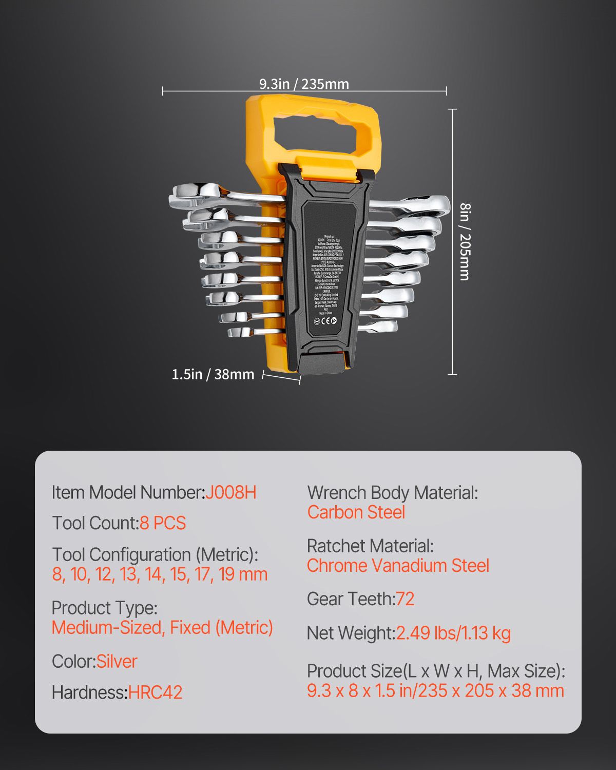8-Piece Metric Combination Wrench Set 8-19mm with Organizer Rack Tool Kit