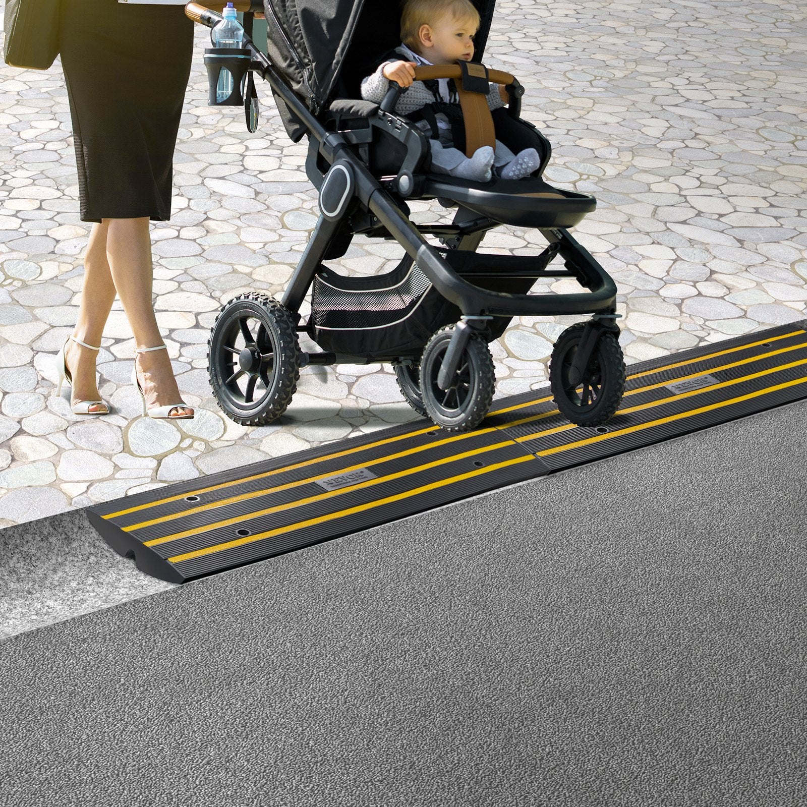 Curb Ramp, 2 Pack, 6.5 cm Rise, Rubber Driveway Ramps, Heavy Duty 15 tons Weight Capacity Threshold Ramp, Curbside Bridge Ramps for Loading Dock Garage Sidewalk, Expandable Full Ramp Set