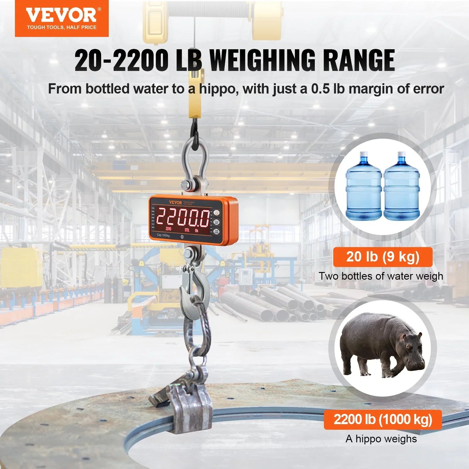 Digital Crane Scale, 2200 lbs/1000 kg, Industrial Heavy Duty Hanging Scale with Remote Control, Cast Aluminum Case & LED Screen, High Precision for Construction, Factory, Farm, Hunting (Orange)