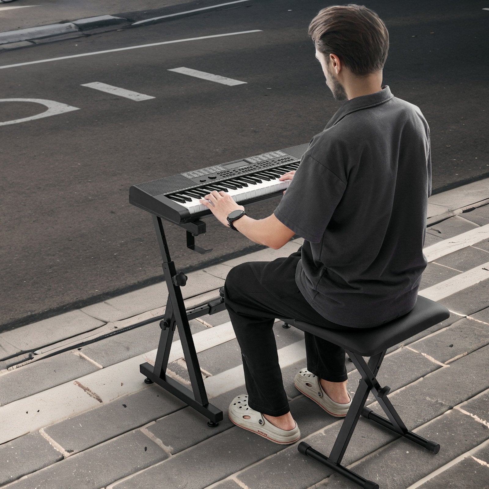 Piano Keyboard Stand and Bench Set, Z Style, Heavy-Duty Digital Piano Music Stand and Seat, 250 lbs Capacity with Adjustable Piano Bench Width Height Wheels, Fits for 54-88 Key Electric Pianos