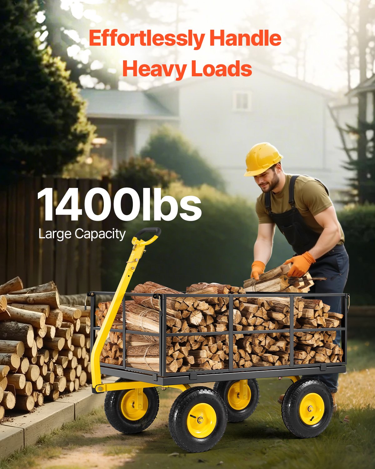 1400 Lbs Steel Garden Cart, Heavy Duty Pullable Garden Wagon Yard Cart, 2 in 1 Outdoor Metal Utility Wagon Yard Trailer with 13" All Terrain Tires, Mesh Removable Sides and 180°Rotating Handle