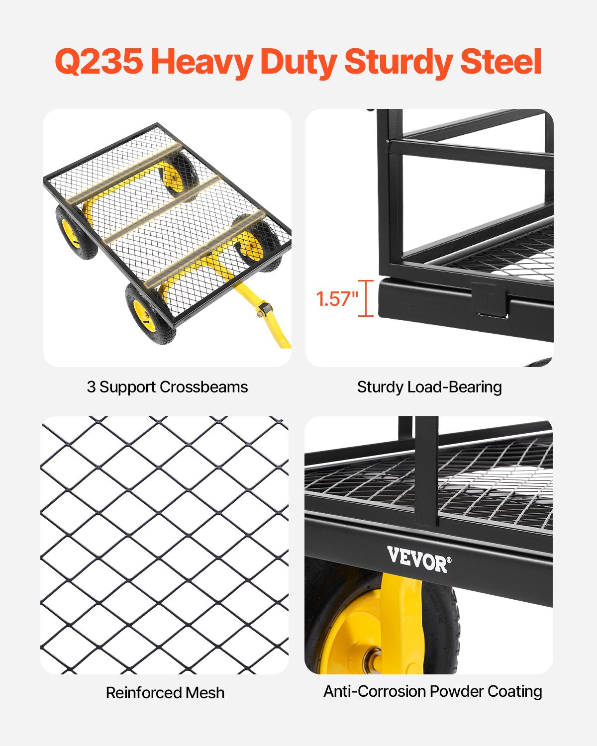 1400 Lbs Steel Garden Cart, Heavy Duty Pullable Garden Wagon Yard Cart, 2 in 1 Outdoor Metal Utility Wagon Yard Trailer with 13